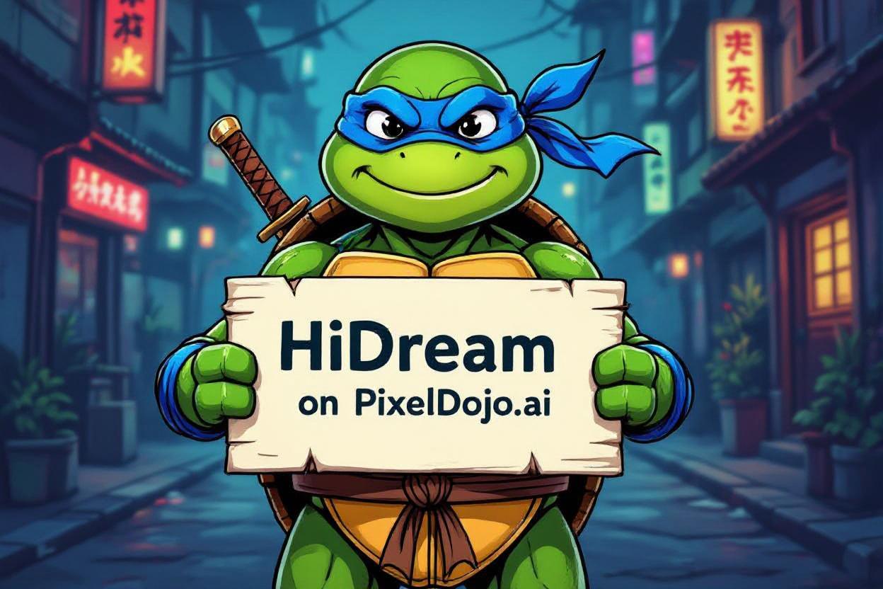 a ninja turtle holding a sign that reads "HiDream on PixelDojo.ai"