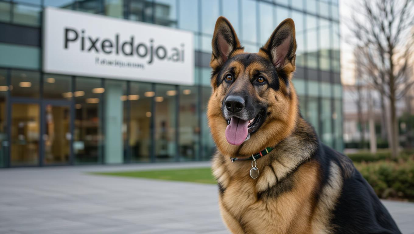 a german shepherd sitting in front of pixeldojo.ai headquarters