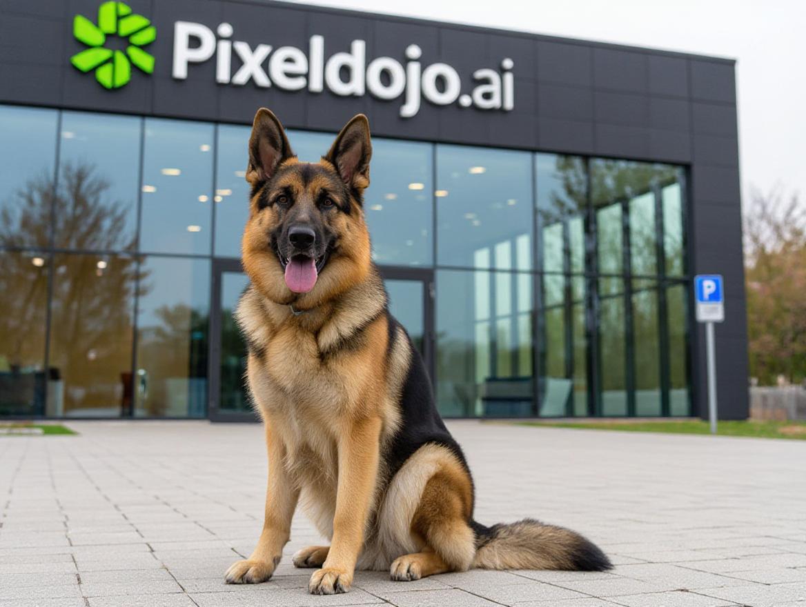 a german shepherd sitting in front of pixeldojo.ai headquarters