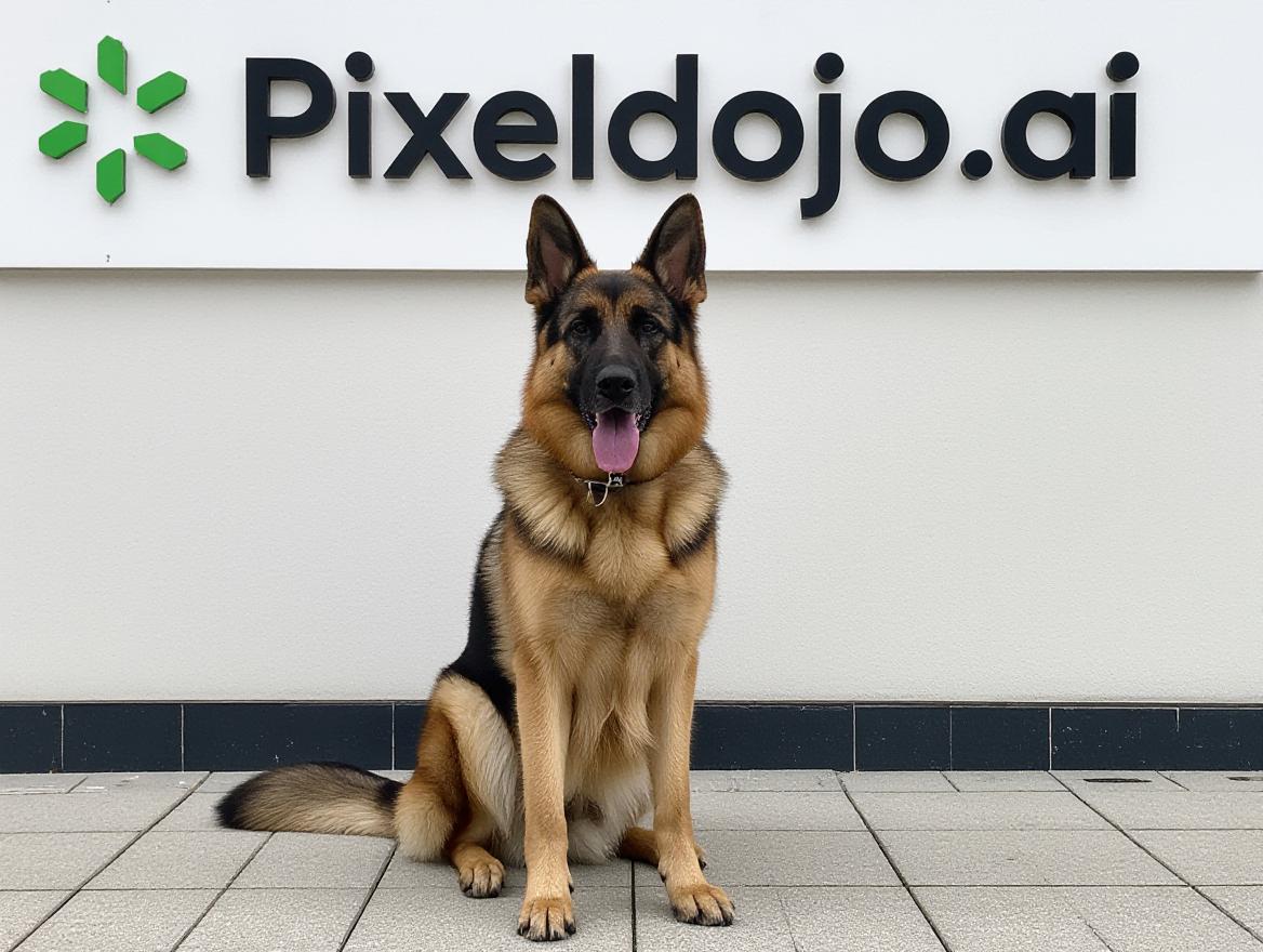 a german shepherd sitting in front of pixeldojo.ai headquarters