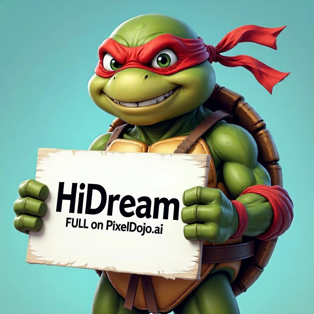 a photo of a ninja turtle holding a sign that reads "HiDream FULL on PixelDojo.ai"