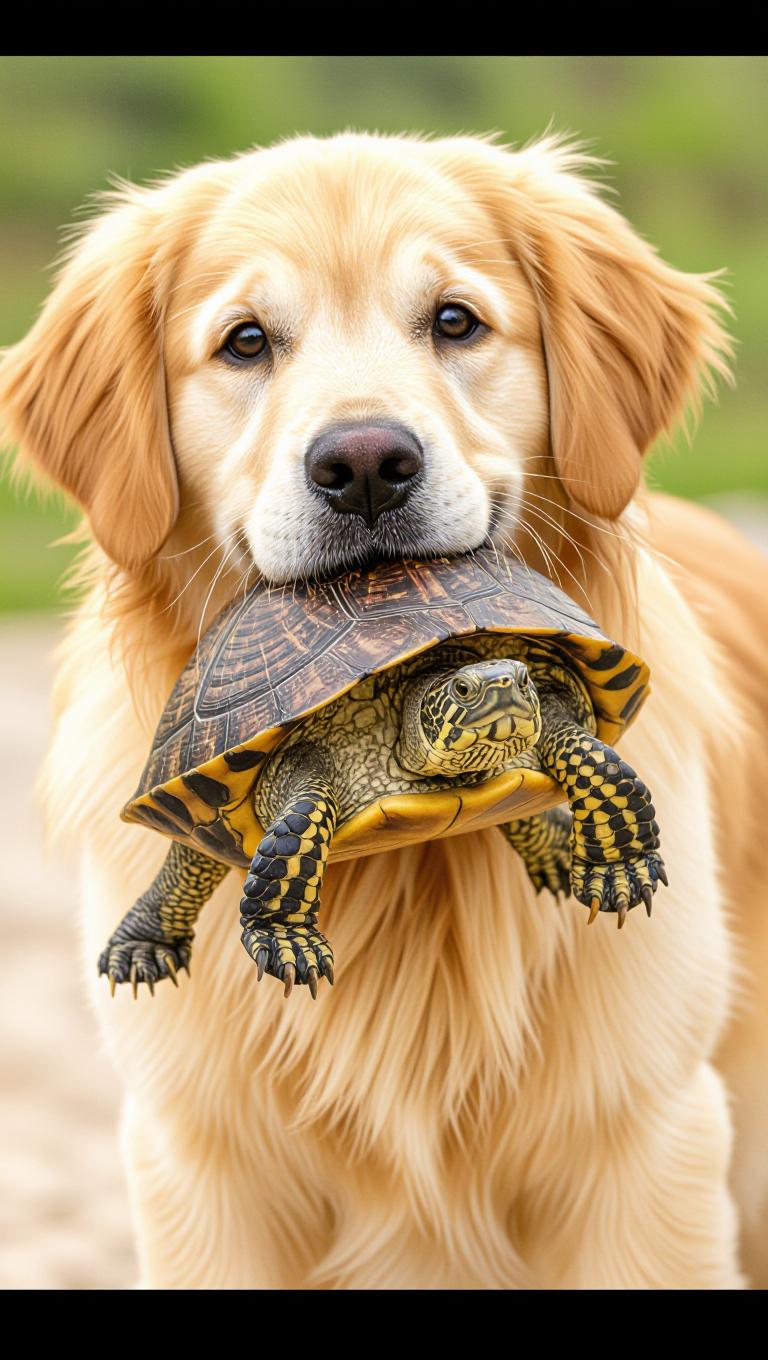 a golden retriever carrying a turtle 