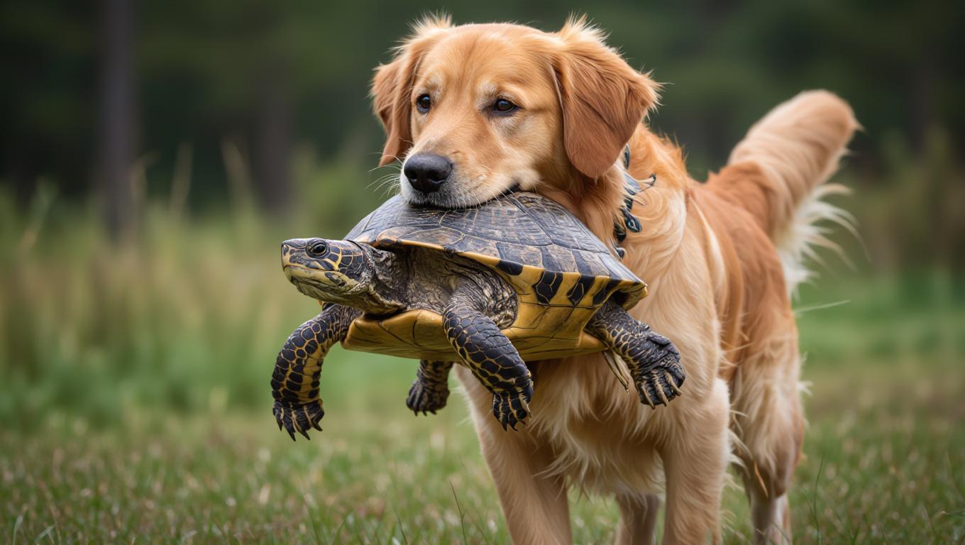 a golden retriever carrying a turtle 