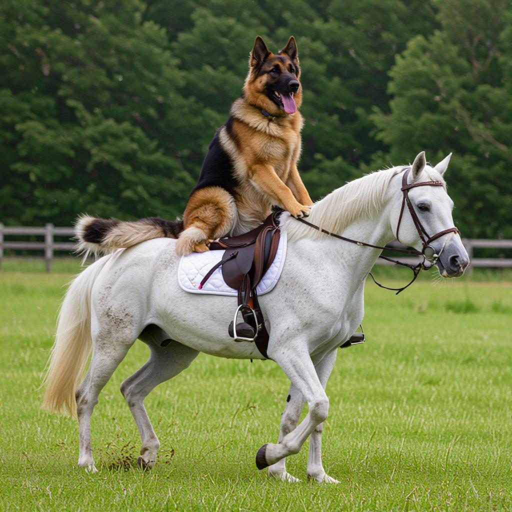 a german shepherd riding a horse
