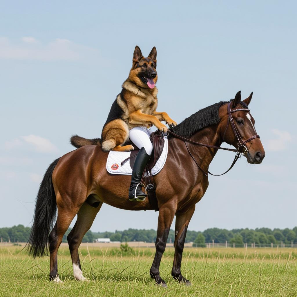 a german shepherd riding a horse