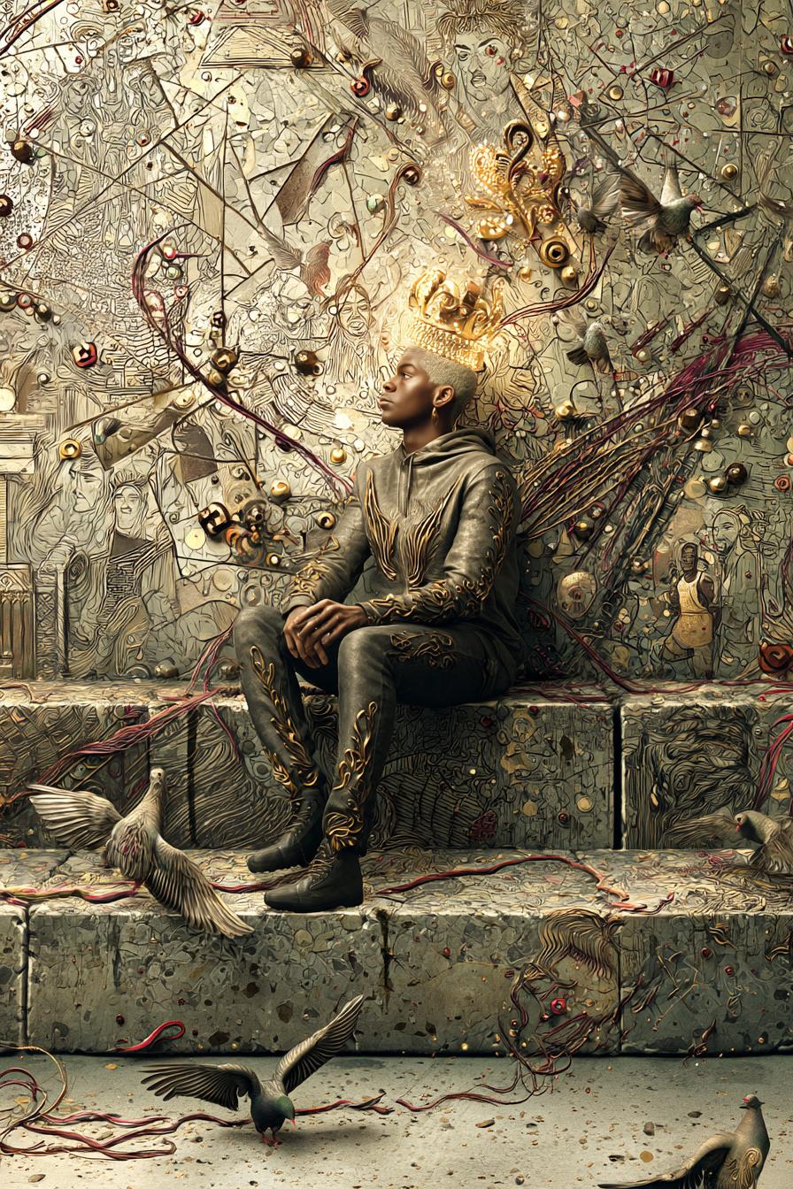 A young Black boy sitting on a cracked concrete stoop in an urban alleyway, wearing a golden hoodie with intricate embroidery resembling African royal insignia, glowing graffiti crowns floating above his head, baroque gold leaf swirling through the air, pigeons fluttering in motion blur, afro-textured hair catching warm sunlight, surreal urban backdrop with peeling murals of Black revolutionaries, high-dynamic lighting, dramatic shallow depth of field, cinematic realism, richly textured surfaces, warm amber tones contrasted with shadowy grays, inspired by urban soul and street nobility --chaos 20 --ar 2:3 --raw --profile 7roa8l6 --stylize 750 --v 7