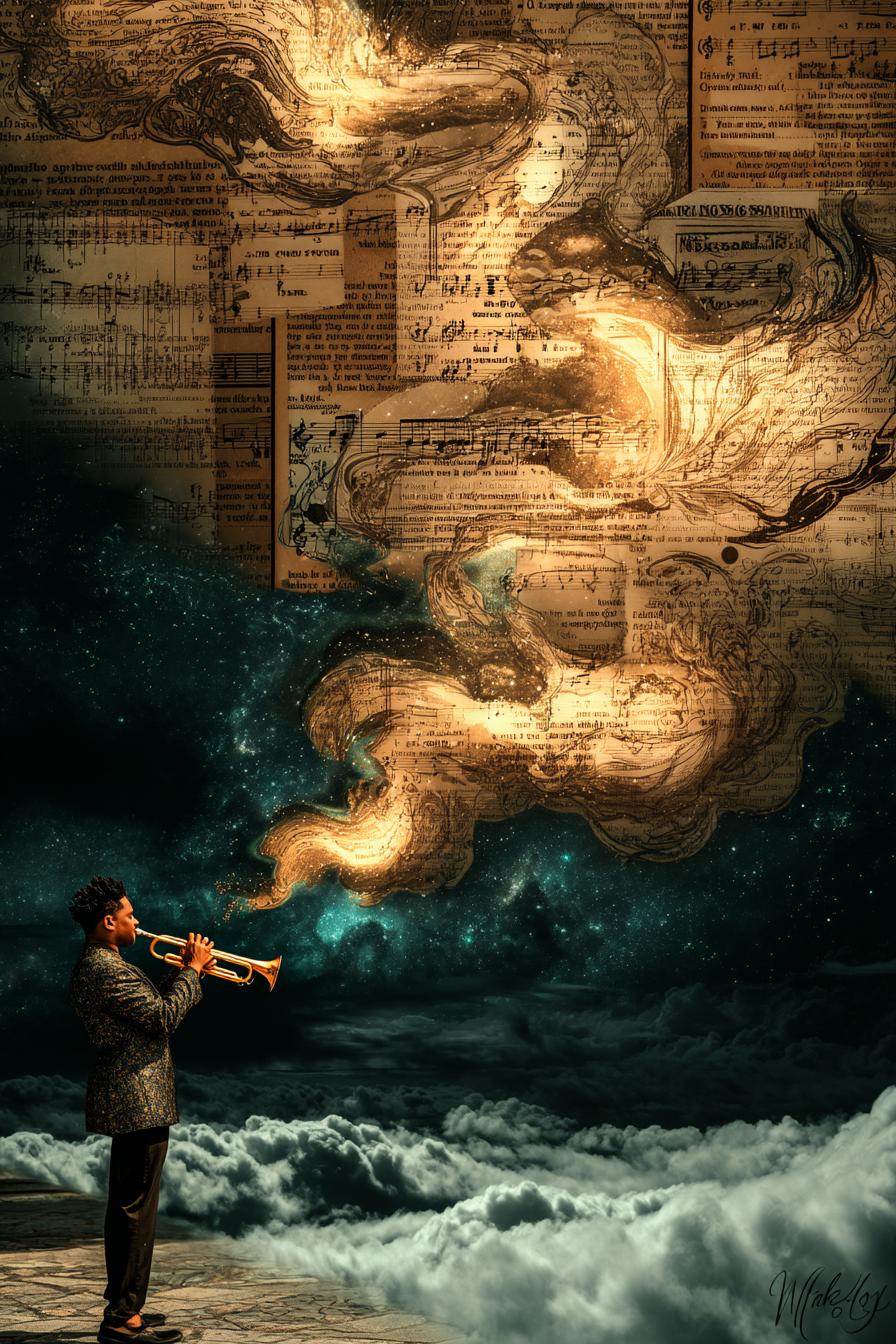 A middle-aged Black jazz trumpeter standing beneath a starlit sky, eyes closed as he plays, each note spiraling into glowing celestial waves forming constellations shaped like dancing ancestors, his suit shimmering with galaxy textures, the trumpet made of polished bronze and etched with Yoruba patterns, afro silhouetted against the Milky Way, floating sheet music dissolving into stardust, feet planted on an ethereal stage of translucent clouds, ambient lighting in deep blues and golds, surreal fusion of sound and spirit, inspired by Afrofuturism, cosmic jazz, and spiritual awakening --chaos 25 --ar 2:3 --raw --profile 7roa8l6 --stylize 800 --v 7