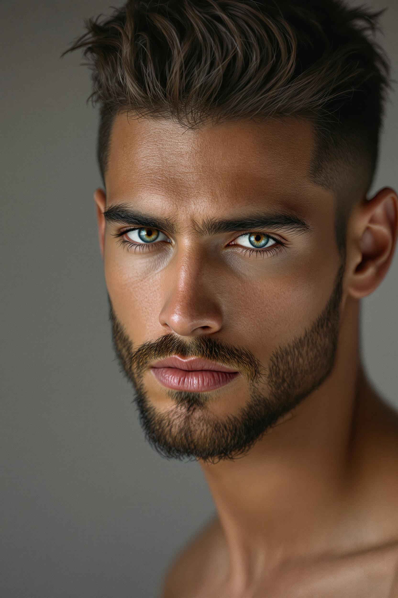 A captivating portrait of a beautiful man, showcasing grace, allure, and individuality. The image is shot on 70mm film with an ultra-wide angle lens at 1/1000 shutter speed, F/22 aperture for depth of field, creating a photorealistic, ultra-high detail image. His features are highlighted with a blend of modern and timeless beauty, the lighting soft yet dramatic, emphasizing his unique facial structure. The composition frames him centrally, his gaze piercing the lens, with a sharp focus on his eyes to convey depth and emotion. The mood is serene yet powerful, set in a neutral, studio-like environment to let his presence dominate the scene. The overall style merges contemporary artistry with classical portrait techniques, resulting in a masterpiece of high resolution, showcasing the essence of masculine beauty through intricate textures and lifelike detail.