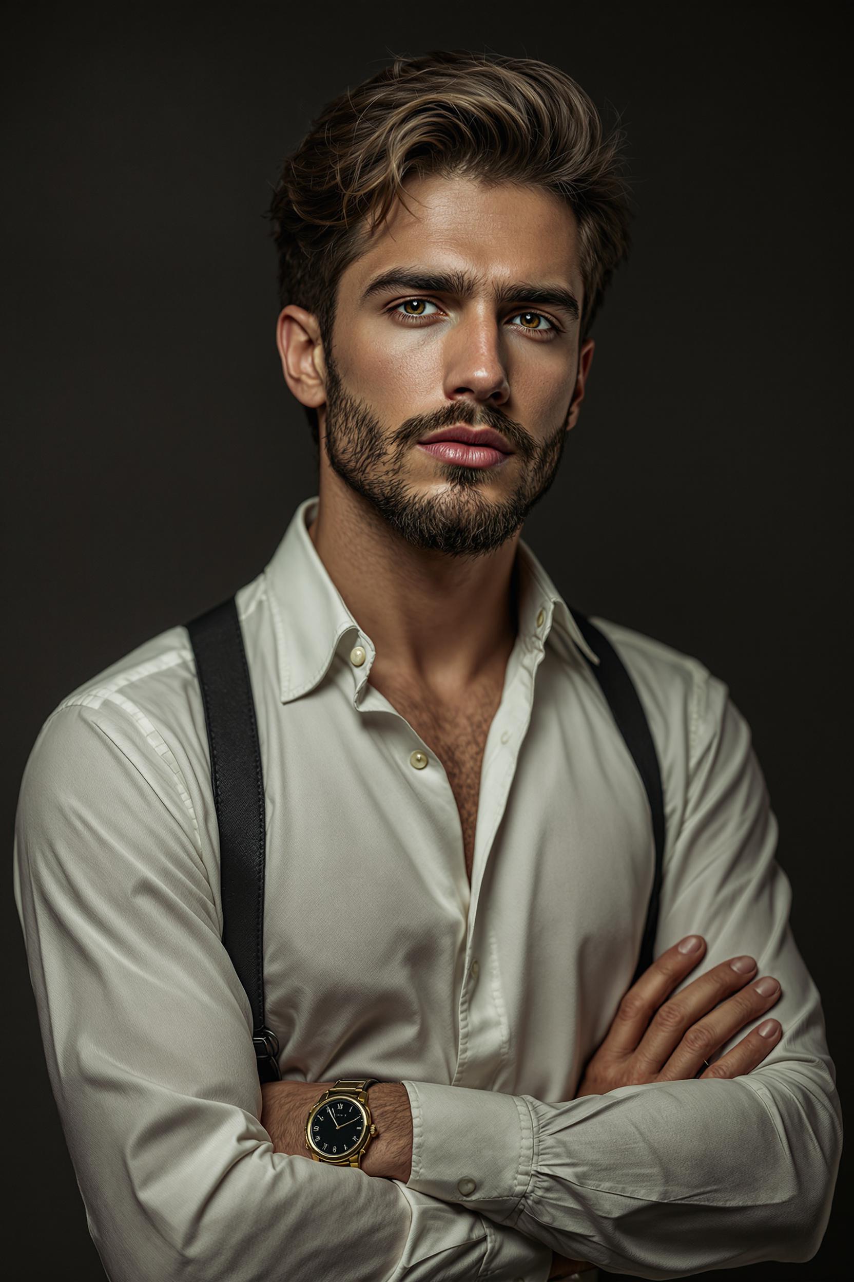 photoshoot in a studio of a standing beautiful man, in a old style. smooth lips, Like - Shot on 70mm, Ultra-Wide Angle, Depth of Field, Shutter Speed 1/1000, F/22, photorealistic, ultra high detail, lifelike, masterpiece, best quality, highres, sharp image,  ray tracing, godray, 120 fisheye lens