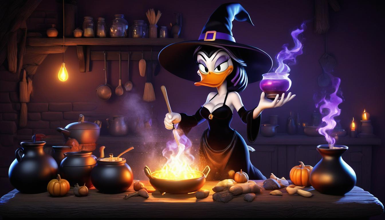 Image of sexy MagicaDeSpell figure with white skin, cooking up a witchy potion, 3D Pixar style, volumetric light, expert 3D render