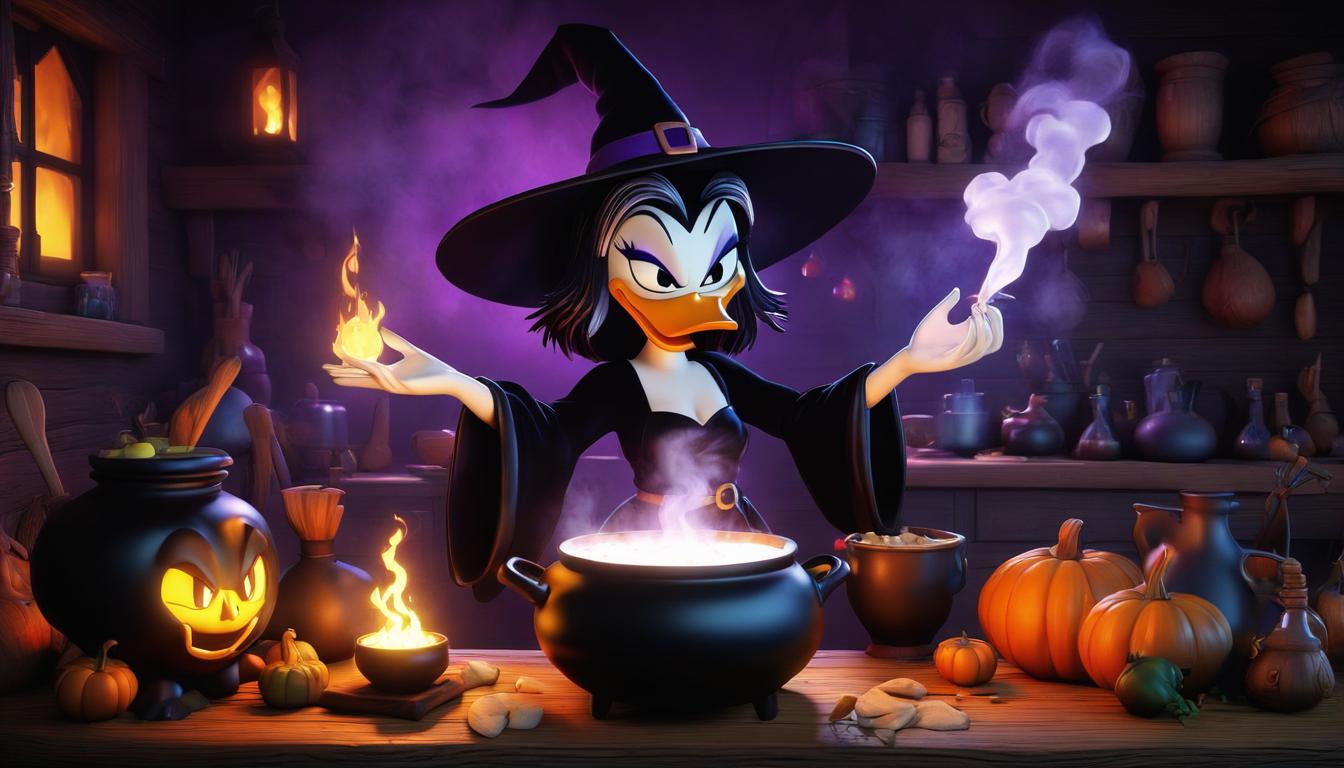 Image of sexy MagicaDeSpell figure with white skin, cooking up a witchy potion, 3D Pixar style, volumetric light, expert 3D render