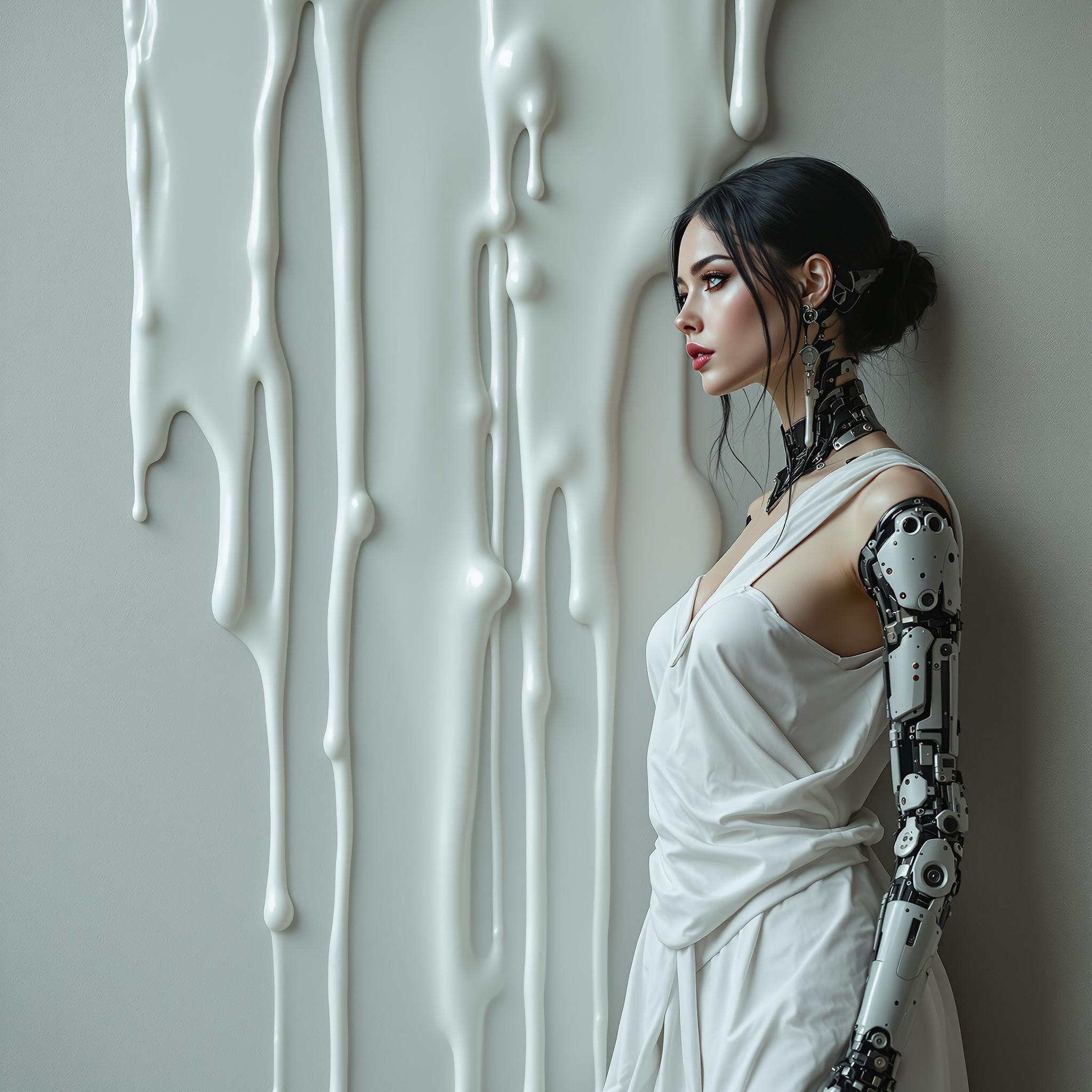 delicate beautiful cyborg woman with mechanical arms and dark hair, modestly dressed only in a flowing white tunic, stands against the background of a vertical wall, down which thick, rubberized white paint flows; expressive mood, soft light, shiny texture, artistic concept, sfumato, glazing 8k full hd. Dark SF. SURREALISM