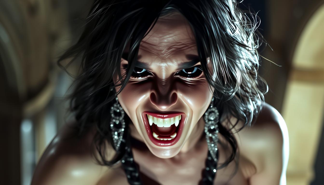 GothicHorror style, fullbody  iphone photo, candid camera style. naked glamorous vampire in the nude with sharp teeth and huge enormous breasts, fancy jewelry, night time, reminiscent of high-definition 8K UHD cinematic photography,  nuances of Ash Thorp's futuristic lighting and Ian McQue's detailed creature design.