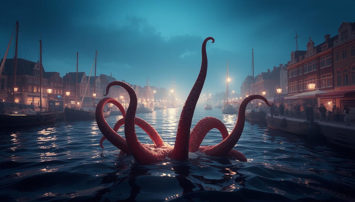 DisneyPixar style, 3D render, volumetric light, tentacles coming out of the water in nyhavn, copenhagen