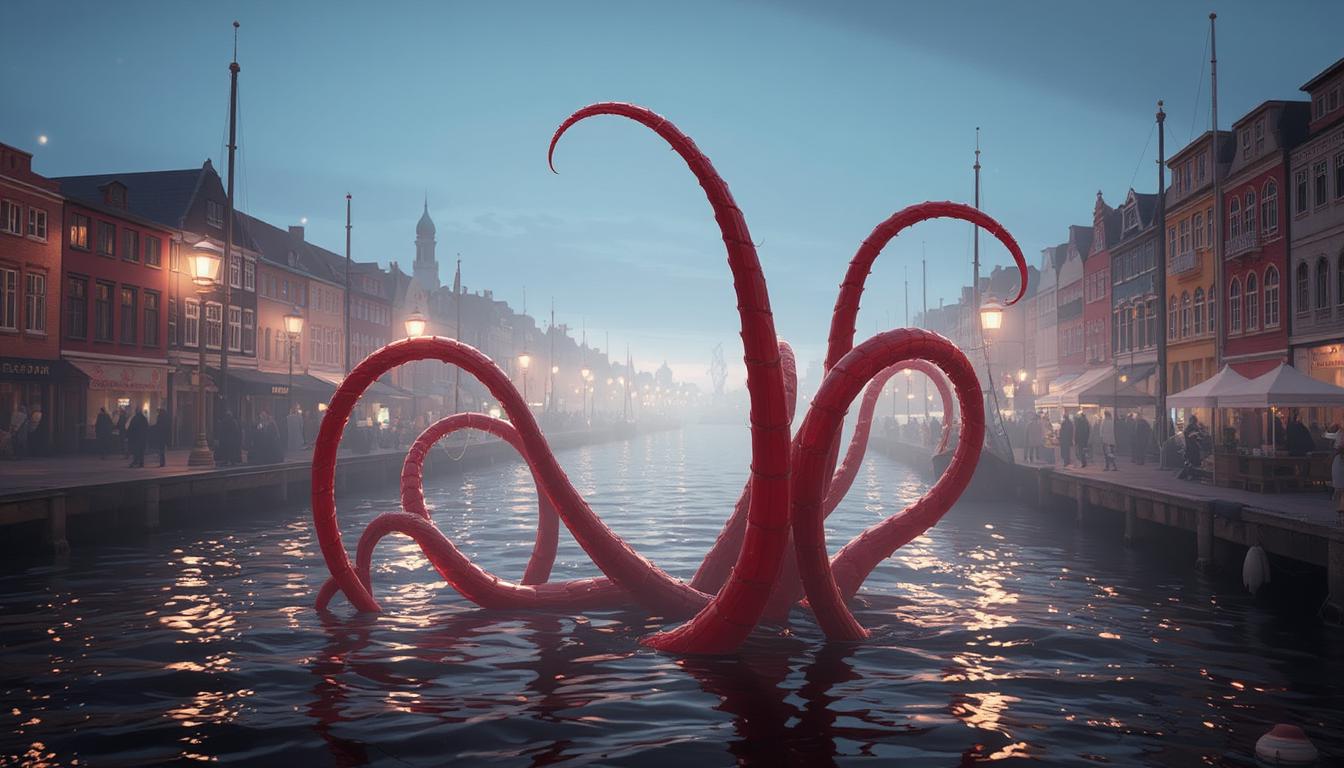 DisneyPixar style, 3D render, volumetric light, tentacles coming out of the water in nyhavn, copenhagen