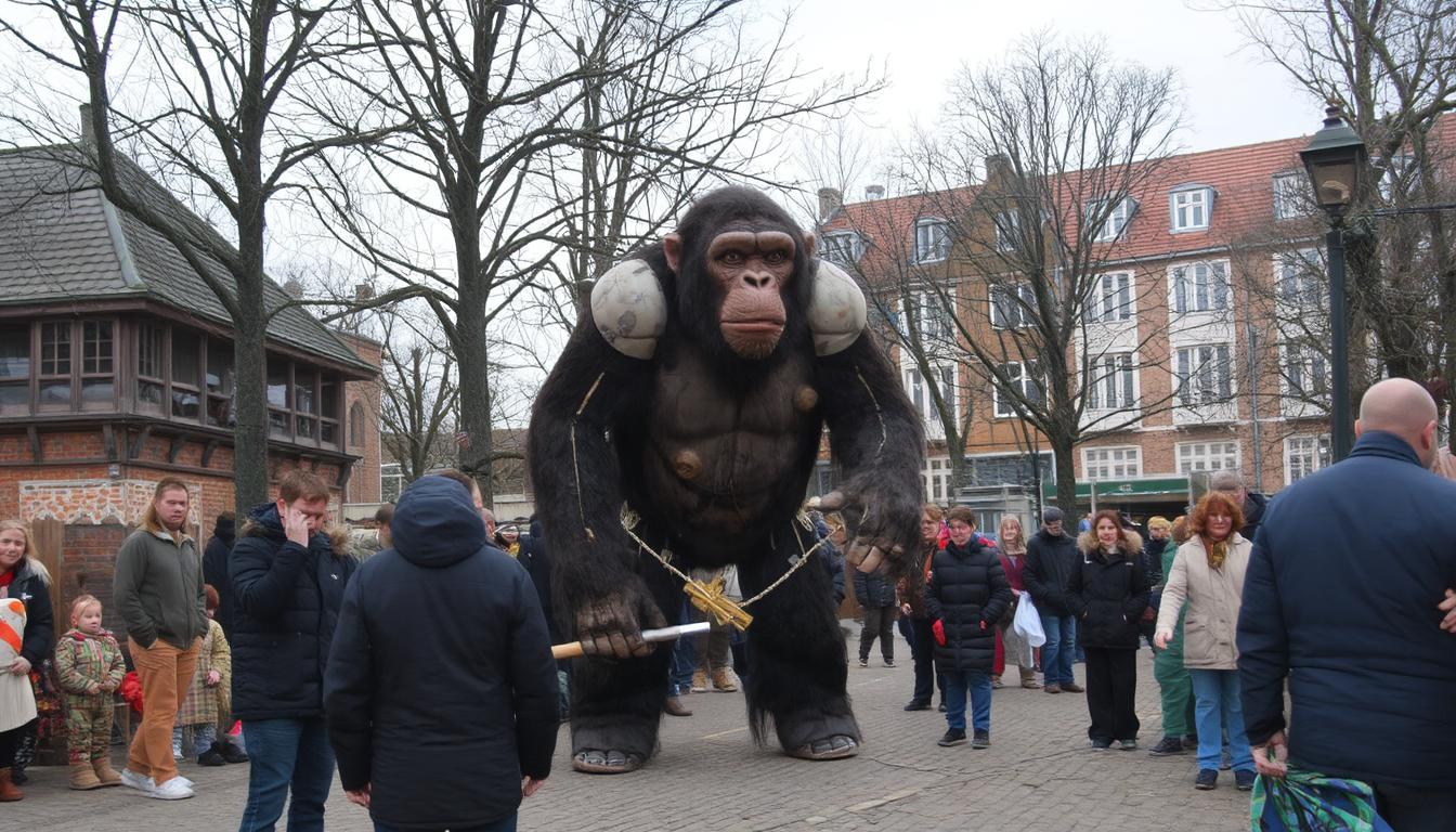 A photo of Fastelavn event, large  monster - part ape, part robot - roaming Tivoli, Copenhagen