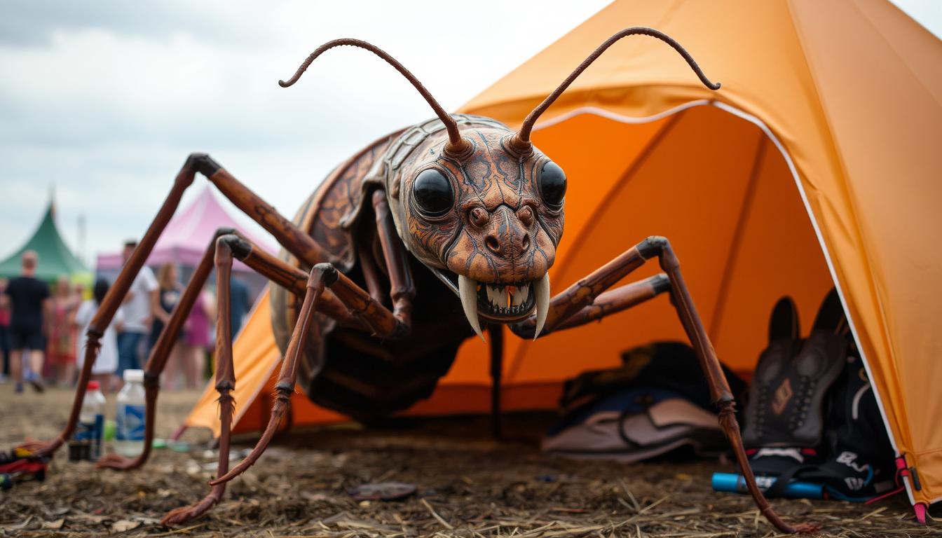 a photo of 666youknowme, large  ant monster roaming Roskilde music festival, orange tent.