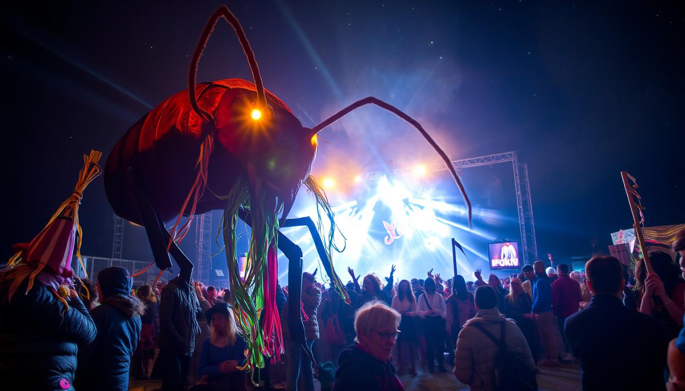 A colossal ant monster towering over the vibrant chaos of Roskilde Festival at night, its massive, chitinous exoskeleton gleaming with an eerie, iridescent sheen under the flickering neon lights and strobing stage effects. The creature's jagged mandibles and multifaceted eyes reflect the chaotic glow of fireworks and floodlights, casting ominous shadows across the festival grounds. Crowds of festival-goers, dressed in colorful attire, scatter in awe and fear below, their faces illuminated by the warm amber glow of bonfires and the cool blue of LED screens. The scene is framed from a low-angle perspective, emphasizing the ant monster's overwhelming size and dominance, with festival tents and stages sprawling in the background under a star-studded, ink-black sky. The atmosphere is electric yet tense, blending the pulsating energy of a music festival with the surreal terror of the monstrous intrusion, captured in a hyper-realistic digital art style with sharp details, dramatic chiaroscuro lighting, and a cinematic depth of field.