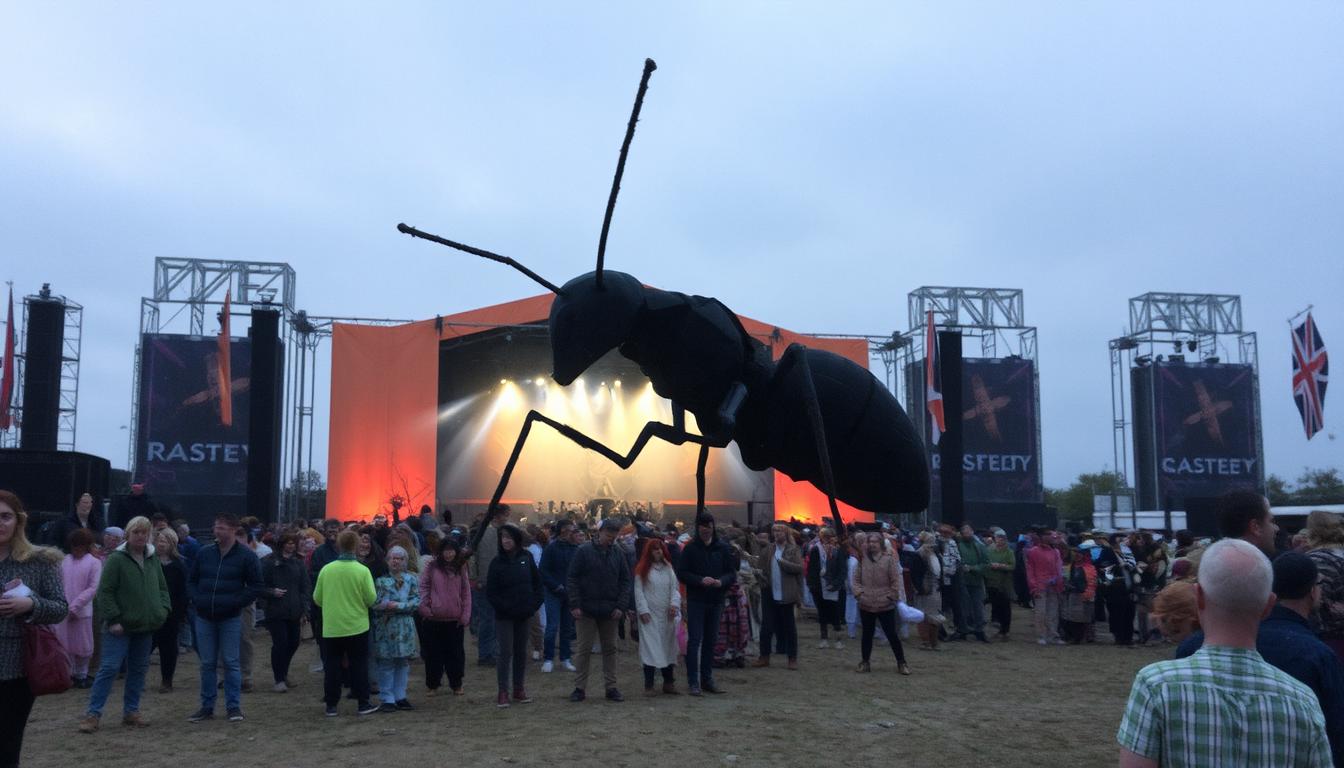 A giant menacing ant in front of the iconic "rolling stones' orange tent" at roskilde festival. crowd fleeing in fear