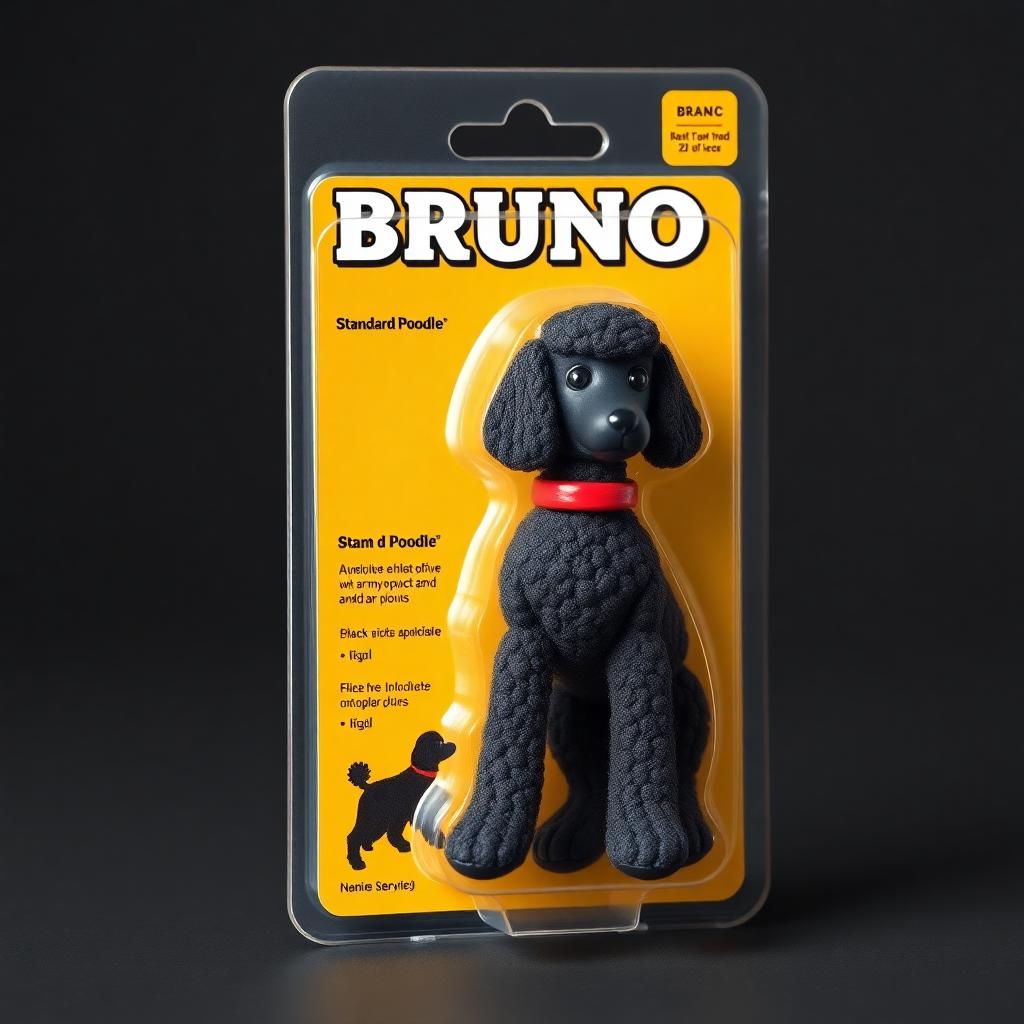 create a realistic toy blister packagin, with a black standard poodle in the blister, text on package BRUNO and explanations about poodle