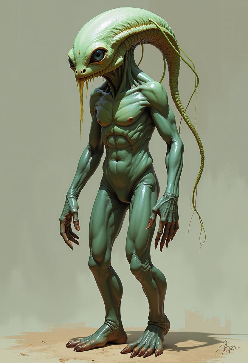 Velvaxians Physical Description: Velvaxians are a primitive alien humanoid species with rubbery, semi-translucent skin that changes color based on their emotions and environmental stimuli. Their skin is smooth and slightly glossy, with a flexible, almost gelatinous texture that allows them to stretch and conform to different shapes. Instead of hair, they have long, flexible tendrils that grow from the top of their heads. These tendrils are a mix of semi-solid and liquid.