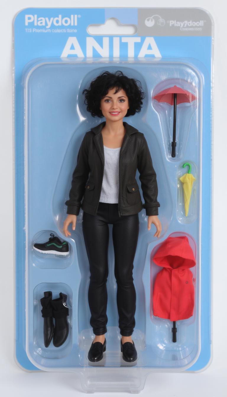 Anita_Face, create an action figure of a woman with short curly black hair, in a blister pack, in the style like a premium collectible toy. The figure should be standing up and have a relaxed, friendly smile. The blister pack should have a header with the text ‘ANITA’ in large letters and a subheading of ‘Playdoll’ below it. Include 3 accessories in compartments to the side of the figure:  sneaker, rain jacket, umbrella.