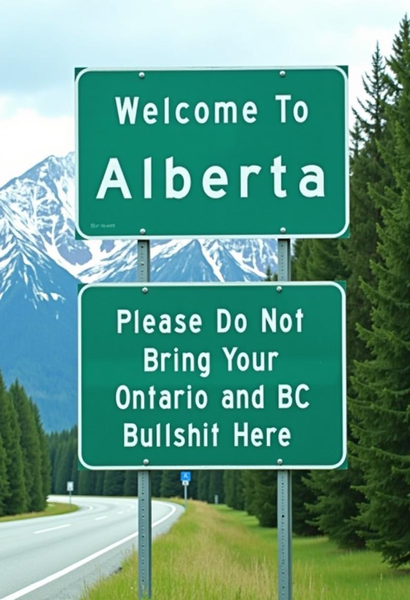 The image features two green road signs against a backdrop of lush greenery, likely indicating a rural or semirural location. The signs are mounted on metal poles and are typical of highway welcome signs, with the top sign reading  "Welcome To Alberta" in white, capitalized letters. The bottom sign is more informal and confrontational, with the words "Please Do Not Bring Your Ontario and BC Bullshit Here" in a similar style, albeit in lowercase letters. The art style is straightforward and utilitarian, with no additional graphics or symbols aside from the text. The medium appears to be a digital rendering or photograph of a real road sign, given the texture and quality of the image. The colors are natural and muted, with the green of the signs standing out against the snow capped Canadian Rockies in the background. The white text is bold and legible, designed to be easily read from a distance. The objects in the image are primarily the road signs themselves, which are the focal point of the composition. They are the only man made objects visible, with the natural environment providing a tranquil and somewhat secluded backdrop. The road curves gently out of view on the left, suggesting that the signs are at the entrance to a stretch of highway or a particular area within Alberta. The overall impression is one of a straightforward, yet somewhat humorous, message from one state to another. background Canadian rockies