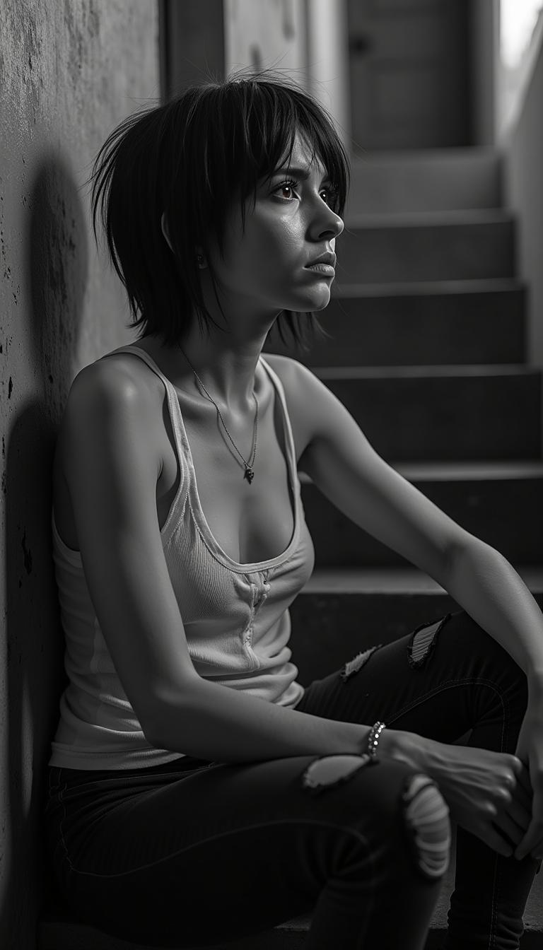 reportage style, create a realistic black and white photography of a dirty hooker after work with short dark messy hair, sad facial expression, wearing white torned tanktop, dark torn jeans, hard nipples, sitting  on a stair leaning her had against the wall, in a dark dirty back alley in dim light