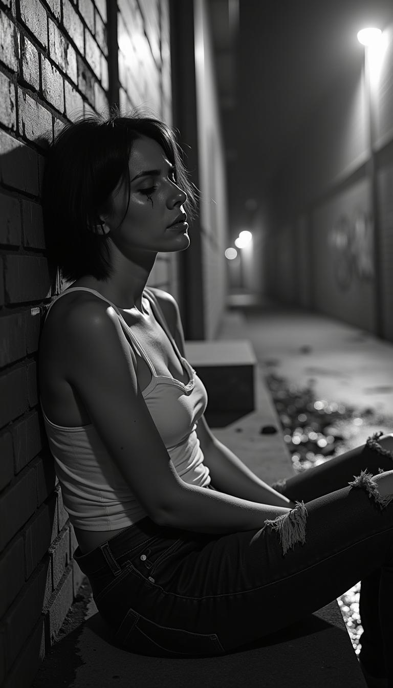A powerful, gritty black and white photograph in a raw, reportage style, capturing a realistic and emotional scene of a weary woman after a long night of work. She has short, dark, messy hair framing her face, with a tear-streaked, crying expression that conveys deep sorrow and exhaustion. She wears a white, torn tank top, the fabric stained and clinging to her body, revealing hard nipples beneath, paired with dark, ripped jeans that show signs of wear and dirt. She sits slumped on a weathered concrete stair in a dark, dirty back alley, her head leaning heavily against a grimy brick wall, her posture defeated. The composition focuses on her as the central subject, shot from a low angle to emphasize her vulnerability and the oppressive surroundings. The alley is littered with debris, wet puddles reflecting faint light, and graffiti-covered walls, adding to the bleak, urban decay. The lighting is dim and dramatic, with harsh contrasts created by a single weak streetlamp casting long shadows, enhancing the somber, melancholic mood. The atmosphere is heavy, evoking a sense of despair and isolation, set during the late hours of the night under a cloudy, oppressive sky. The image is rendered with high detail, sharp focus on her face and clothing textures, and a grainy, film-like quality typical of classic photojournalism, reminiscent of the works of Diane Arbus or Robert Frank.