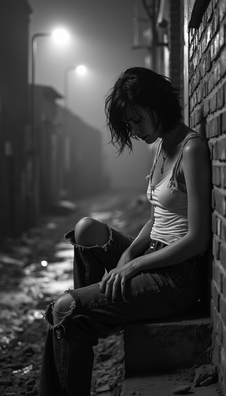 A powerful, gritty black and white photograph in a raw, reportage style, capturing a realistic and emotional scene of a weary woman after a long night of work. She has short, dark, messy hair framing her face, with a tear-streaked, crying expression that conveys deep sorrow and exhaustion. She wears a white, torn tank top, the fabric stained and clinging to her body, revealing hard nipples beneath, paired with dark, ripped jeans that show signs of wear and dirt. She sits slumped on a weathered concrete stair in a dark, dirty back alley, her head leaning heavily against a grimy brick wall, her posture defeated. The composition focuses on her as the central subject, shot from a low angle to emphasize her vulnerability and the oppressive surroundings. The alley is littered with debris, wet puddles reflecting faint light, and graffiti-covered walls, adding to the bleak, urban decay. The lighting is dim and dramatic, with harsh contrasts created by a single weak streetlamp casting long shadows, enhancing the somber, melancholic mood. The atmosphere is heavy, evoking a sense of despair and isolation, set during the late hours of the night under a cloudy, oppressive sky. The image is rendered with high detail, sharp focus on her face and clothing textures, and a grainy, film-like quality typical of classic photojournalism, reminiscent of the works of Diane Arbus or Robert Frank.