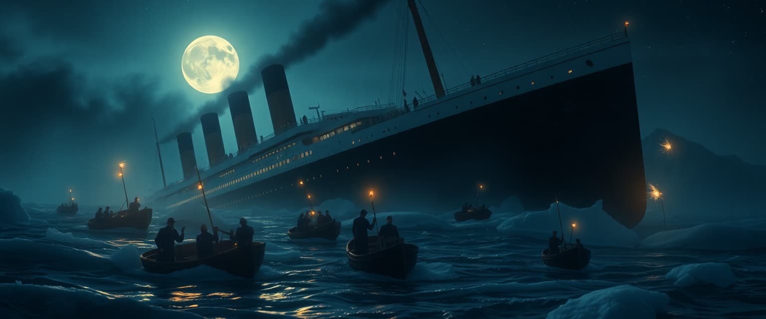 A dramatic and haunting scene of the RMS Titanic sinking in the frigid North Atlantic on a moonlit night, April 14, 1912. The colossal ship tilts sharply, its grand bow submerged as lifeboats scatter below. Panicked passengers in early 20th-century attire cling to railings, some praying, others frozen in despair. The iceberg looms ghostly in the distance, moonlight glinting off its jagged edges. Flickering deck lights cast golden ripples on dark, icy waters. Smoke billows from tilted funnels against a starry sky. Wide-angle view emphasizes scale and tragedy, with faint SOS flares bursting in muted reds against thick fog. Cinematic hyperrealism, cold blue tones, and intricate period details.