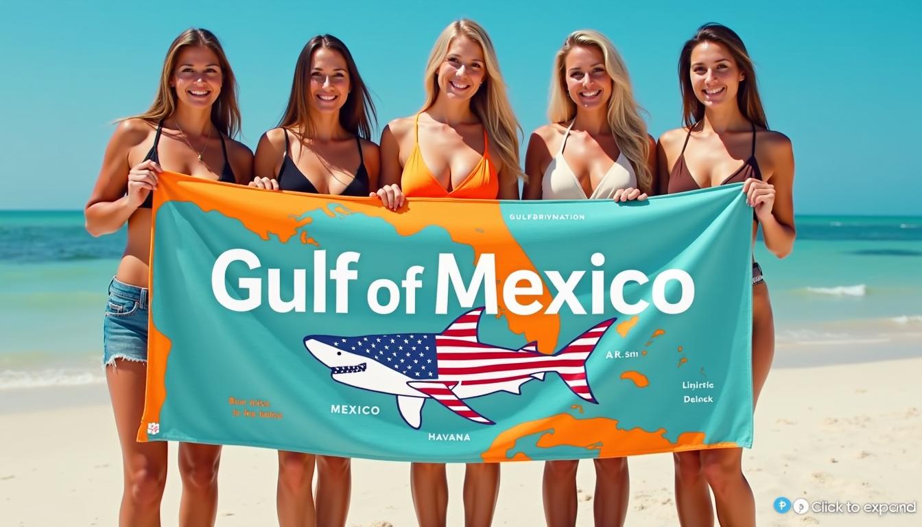 This image depicts four woman, looking at viewer, smiling, standing on a sandy beach, holding a huge beach towel with a Gulf of Mexico map design. The towels map is of the Gulf of Mexico, with a stylized shark in the center, its body adorned with the stars and stripes of the American flag. text reads "Gulf of Mexico" large white text. The map includes geographical markers such as Mexico, Belize, and Havana, among others, suggesting a theme of exploration or adventure. The beachgoers are dressed in swimwear, with each person showcasing a different color and style. The first individual on the left is wearing a black bikini top paired with denim shorts. The second person is in a beige bikini top, and the third is in an orange bikini top. The fourth person on the right is wearing a brown bikini top. Their attire complements the beach setting, and their poses suggest a relaxed and cheerful atmosphere.The beach itself appears to be a sandy shore with gentle waves in the background, and the sky is a clear blue, indicating a sunny day. The colors in the image are predominantly warm and vibrant, with the orange of the towels standing out against the blue of the sky and the sea. The maps design is detailed with a mix of red, white, and blue, echoing the colors of the American flag. The medium of the image is digital, as evidenced by the play button and the Click to expand prompt at the bottom, which are common features of video or digital media interfaces. The art style is modern and graphic, with a clear emphasis on the map and the shark, which are central to the composition.Overall, the image captures a moment of leisure and camaraderie on the beach, with a playful nod to American patriotism and the spirit of adventure.