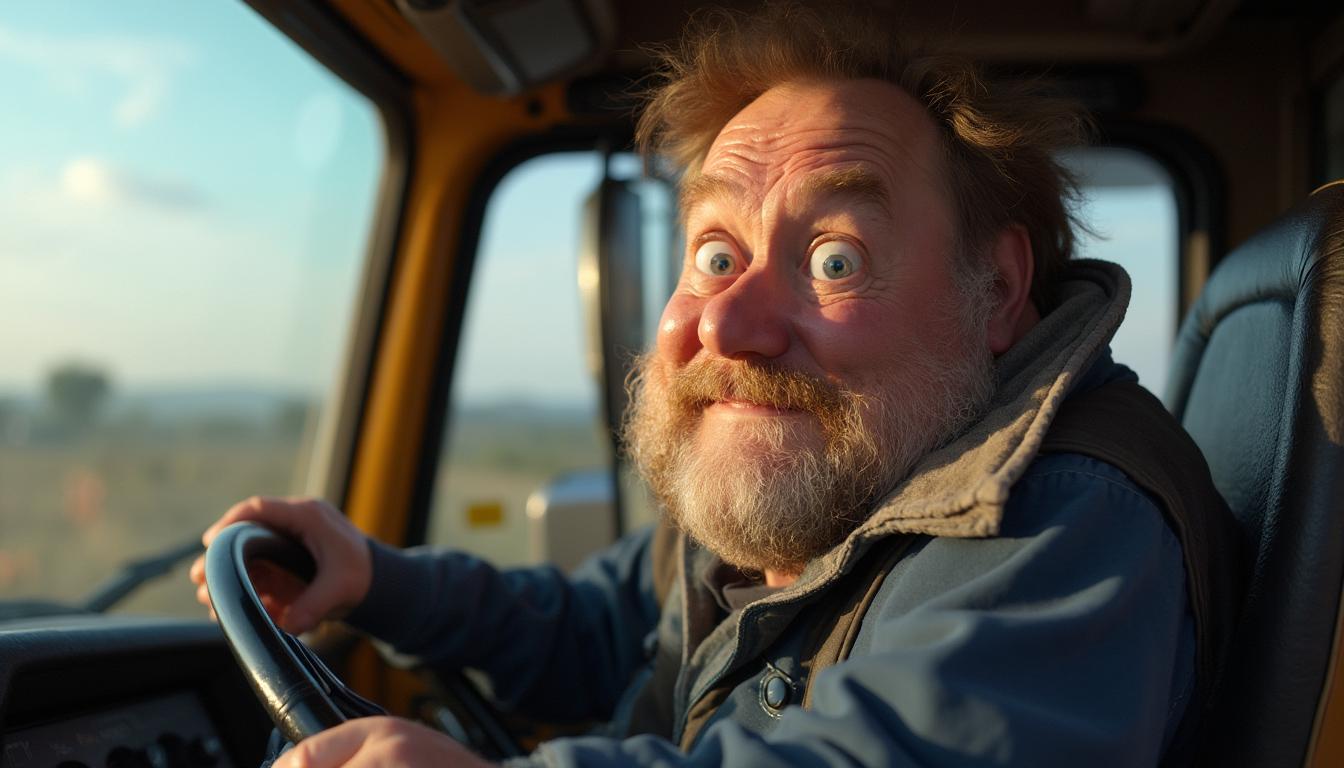create a photo of truck driver holding the steering wheel, puffy cheeks, looking out the front windshield, leaning towards front window, down at viewer, big eyes, photorealistic. view front of truck