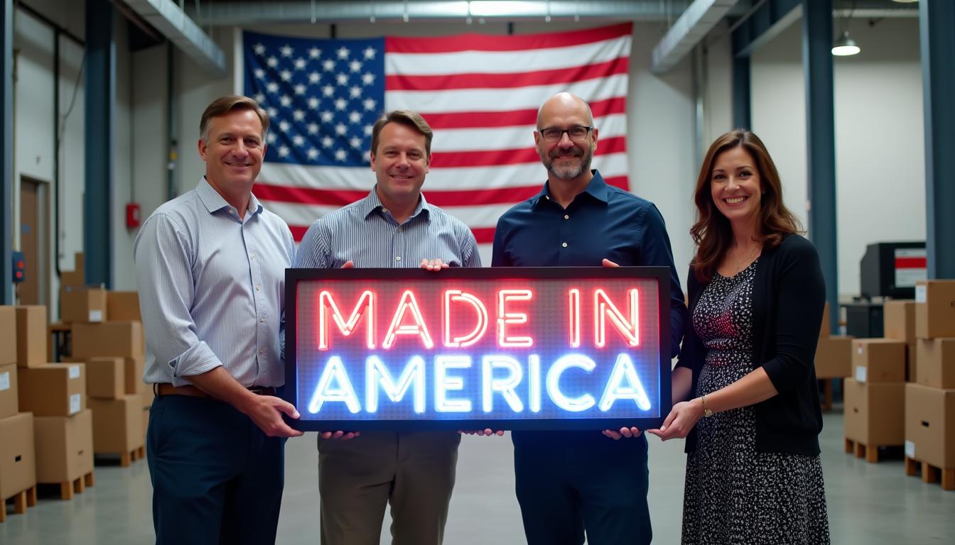 This image depicts a group of four individuals standing in an industrial setting, possibly a factory or a workshop. The individuals are holding a large, rectangular sign that reads "MADE IN AMERICA", in neon red, white and blue. The setting is characterized by high ceilings, metal beams, and industrial lighting, with a large American flag hanging prominently in the background.The individuals are dressed in business casual attire, suggesting a professional or corporate environment. The person on the far left is wearing a light colored button up shirt and dark trousers, while the person on the far right is wearing a striped button up shirt and dark trousers. The person in the middle is wearing a dark blue shirt with a pattern that resembles a checkered flag, and the person on the far right is wearing a black and white dress with a cardigan over it.The colors in the image are primarily neutral and industrial, with whites, grays, and blacks dominating the palette. The American flag introduces a patriotic red, white, and blue, which stands out against the predominantly neutral tones. The light fixture or panel being held by the individuals has a black frame with a grid of white lights or elements.The objects in the image include the light fixture or panel being held by the individuals, the American flag, and various industrial elements such as metal beams, pipes, and industrial lighting fixtures. The background also features shelves with boxes, which suggests storage or inventory space. The overall art style of the image is realistic, capturing the details and textures of the subjects and environment with clarity. The medium appears to be a photograph, given the clarity and sharpness of the image.