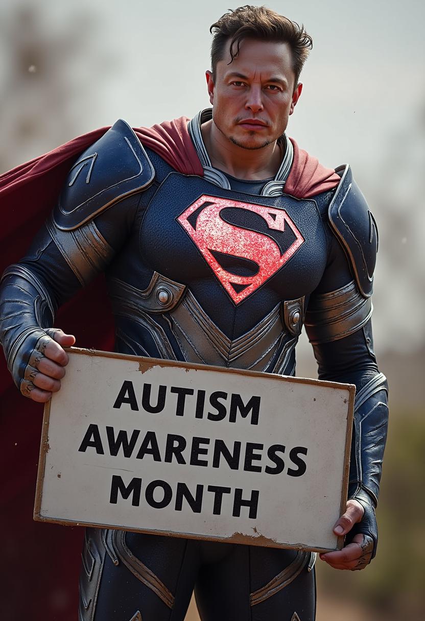 a photo of MUSK, MUSK an adult Elon Musk wearing an armored superman outfit, red, white and blue, cape, wind, with a flaming red "X" logo on his chest, holding a sign that reads "Autism Awareness Month" sans serif font 3d black