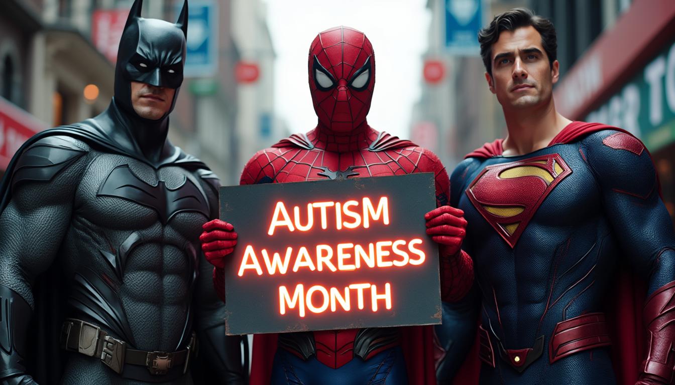 Batman, Spiderman, and Superman standing together, photorealistic likeness, highly detailed, photo. They are holding a large sign that reads "Autism Awareness Month" in bold neon letters. 