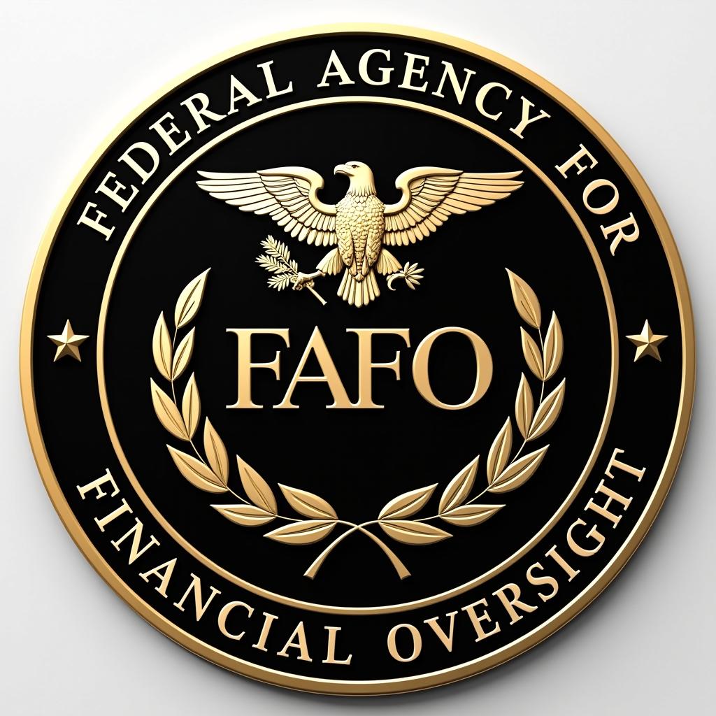 This 3d raised image features a circular emblem with a black background and a gold border. At the center of the emblem, there is a bold, capitalized inscription of FAFO in a serif font, which stands for "Federal Agency for Financial Oversight". Text circles the outer edge reads "Federal Agency for Financial Oversight". Surrounding the text is a laurel wreath, a symbol often associated with victory and honor. Above the wreath, there is a bald eagle in profile, with its wings spread wide, clutching an olive branch and arrows in its talons. The eagle is a national symbol of the United States, representing strength, freedom, and vigilance. The emblem is encircled by a gold border that is slightly raised, giving it a three dimensional appearance. The contrast between the black background and the gold border and elements within the emblem creates a sense of depth and sophistication.The overall art style of the emblem is formal and dignified, with a nod to heraldic design, which is often used to represent official organizations and institutions. The medium appears to be a relief or basrelief, where the figures are slightly raised from the background, which is consistent with the raised border of the emblem.The colors in the image are primarily black and gold, with the eagle and the laurel wreath rendered in a gold hue against the black background. The gold color gives the emblem a sense of prestige and authority, while the black background provides a stark contrast that emphasizes the emblems details.In summary, this image is a meticulously designed emblem featuring a bald eagle, laurel wreath, and the acronym FAFO, all set against a black background with a gold border. The emblem is a blend of heraldic and formal design elements, suggesting a sense of authority and prestige.