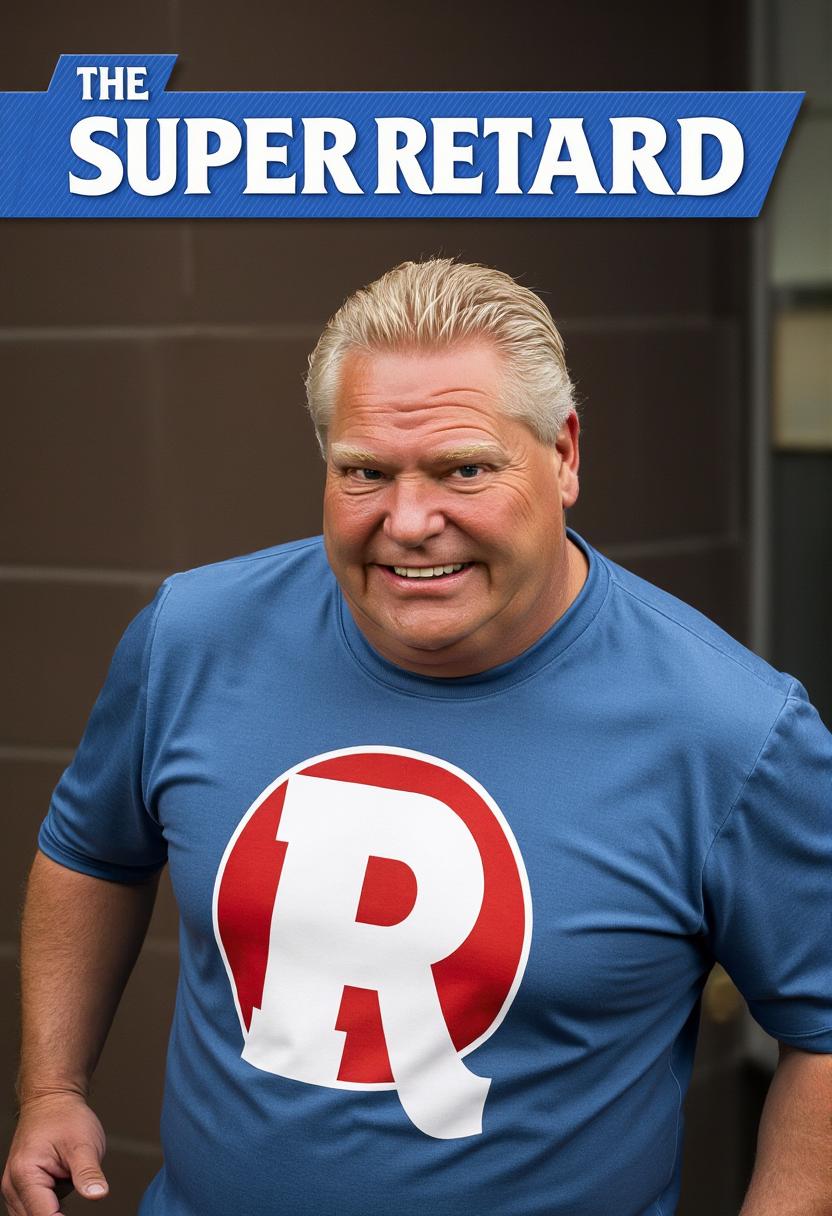a photo of DFORD, DFORD wearing a superhero uniform with a huge "R" on the front. On top of the poster a ribbon with text that reads "SUPER RETARD"
