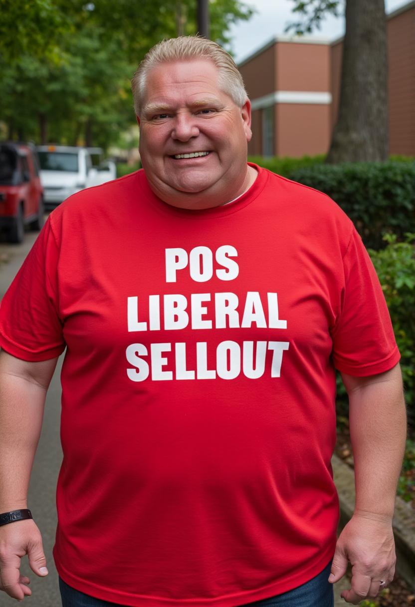 a photo of DFORD, fat DFORD wearing a red t-shirt with text that reads "POS LIBERAL SELLOUT"  white sans serif font