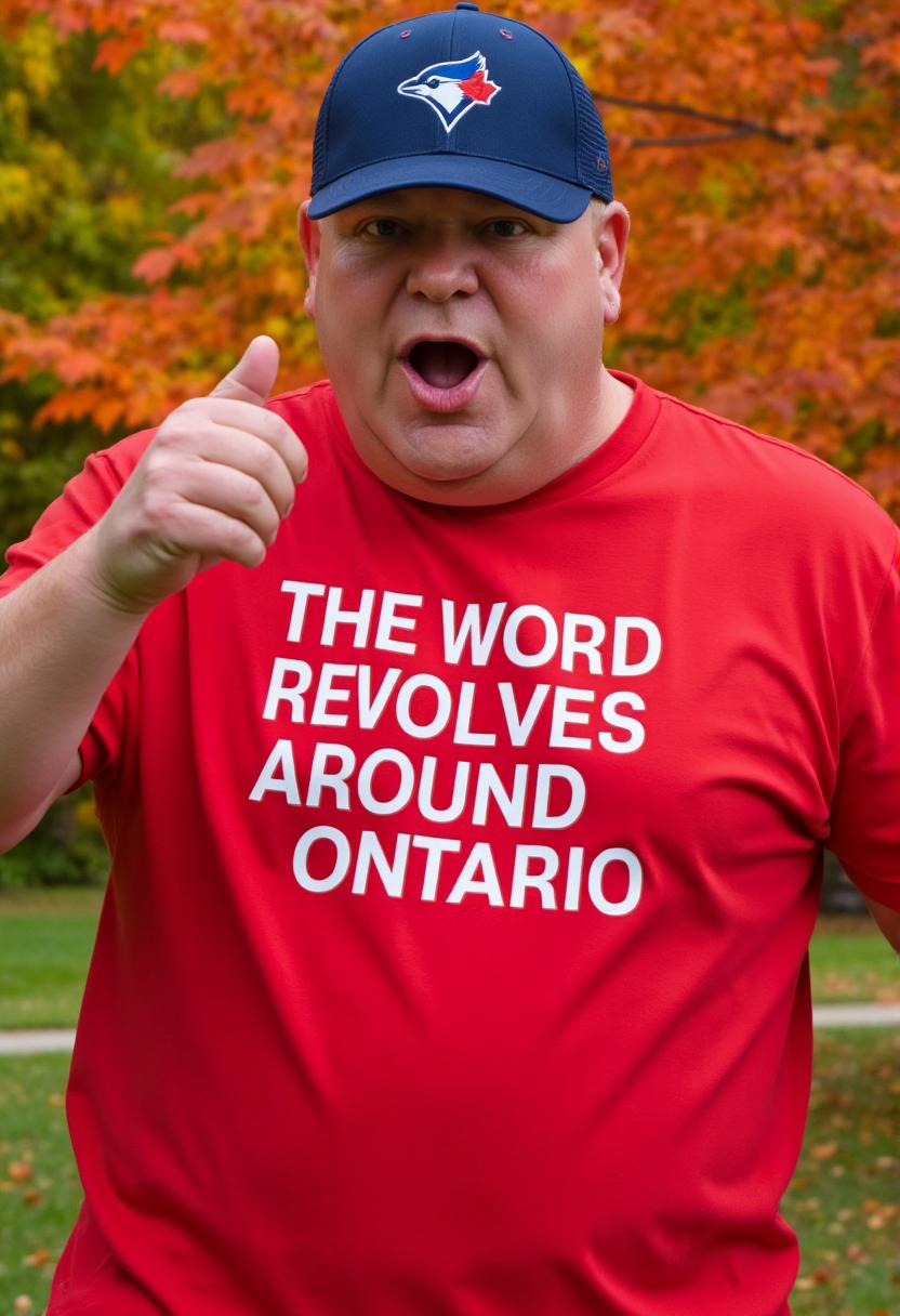 a photo of DFORD, fat DFORD wearing a red t-shirt that reads "THE WORLD REVOLVES AROUND ONTARIO" in white sans serif font, giving a thumbs up and wearing a Toronto Blue Jays ball cap\.  background Ontario maple trees red fall colors