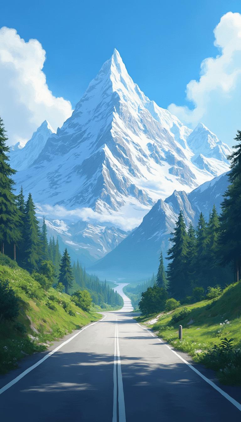 This realistic photo captures a breathtaking landscape dominated by towering snowcapped mountains in the distance, with a clear blue sky above. The mountains are adorned with intricate patterns of snow and ice, suggesting the rugged terrain and steep slopes that are typical of high-altitude peaks. The snow is pristine and white, contrasting sharply with the deep blues of the sky and the greens of the vegetation in the foreground.In the middle ground, there is a straight, well-maintained road that cuts through the landscape, inviting the viewers gaze to travel towards the horizon. The road is bordered by lush greenery, including trees and shrubs, which add a touch of life and color to the scene. The road itself is grey, with white dashed lines that guide the eye and suggest a sense of direction and journey.The art style of the image is realistic, capturing the natural beauty and grandeur of the landscape with a high degree of detail and clarity. The medium appears to be a digital painting or photograph, given the smooth gradients and seamless blending of colors. The colors used are vibrant and rich, with a harmonious palette that creates a sense of tranquility and awe.Overall, the image evokes a feeling of adventure and the allure of the unknown, as the road beckons the viewer to explore the distant mountains. The interplay of light and shadow adds depth and dimension to the scene, highlighting the textures and contours of the landscape. The composition is balanced, with the road serving as a central axis that draws the viewers eye through the image.