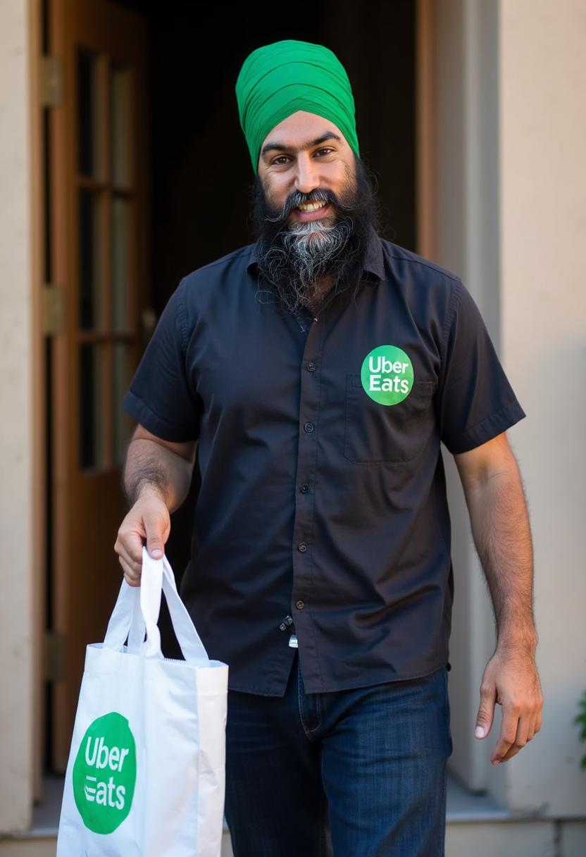 a photo of JAGMEET, JAGMEET wearing an  UberEats uniform, with UberEats logo, with an green turban. He his holding a white bag of food with a UberEats logo, making a delivery to a door