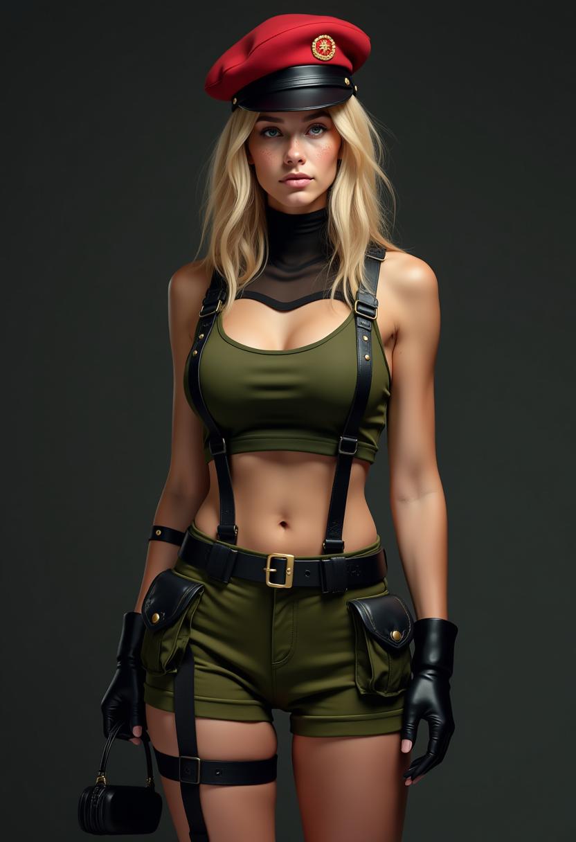 This photo features a young woman 18 years dressed in a military inspired costume, standing against a dark gray background. The costume is a mix of olive green and black, with a high neckline and a cropped top that reveals the midriff. The top has a small red emblem on the left side, which appears to be a stylized shield or crest. The woman has blonde hair, freckles, cute, is also wearing a pair of high waisted shorts with a similar color scheme, detailed with black suspenders and a belt with a gold buckle. The shorts have a thigh-high slit, and the person is wearing black thigh-high stockings with a similar design to the suspenders.The person is accessorized with a red beret, which has a black band and a small red emblem on the front. They are also wearing black gloves that reach just past the wrists, and a black utility belt with pouches on the front. The person is holding a black, cylindrical object, which could be a prop or accessory related to the costume.The art style of the image is realistic with a focus on lighting and shadow to give depth and dimension to the costume and the persons pose. The medium appears to be a photograph, given the clarity and texture of the image. The colors are muted, with the olive green and black creating a military palette, accented by the bright red of the beret and emblem. The lighting is dramatic, with the person standing in a spotlight against the dark background, which highlights the details of the costume and the persons physique. Flash bulb effect
