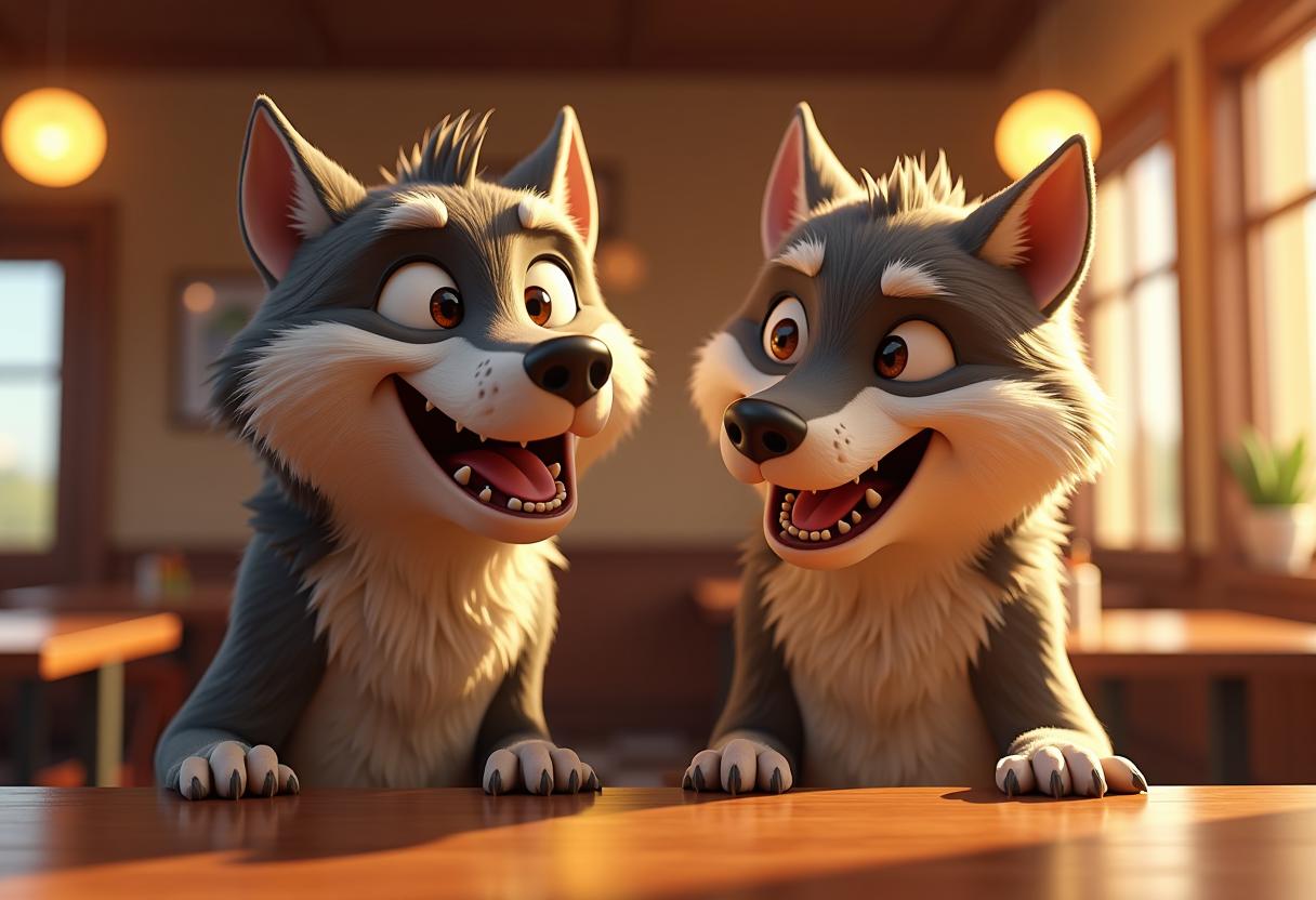 Close-up high-quality cinematic professional 3D CGI animation of two dumb crazy anthropomorphic male steampunk wolves doing silly stunts in a restaurant