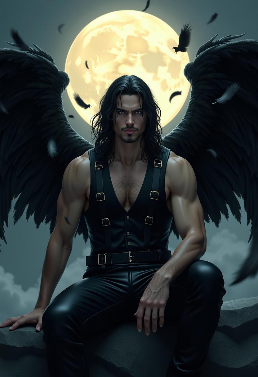 A dramatic 3D fantasy illustration of a mysterious man with flowing dark hair and large black feathered wings, sitting against a glowing full moon in a stormy night sky. He wears a black vest with straps and black leather pants, exuding a powerful yet ethereal presence. His expression is intense and contemplative, with shadowy feathers drifting through the air around him. The moonlight highlights the textures of his wings and attire.