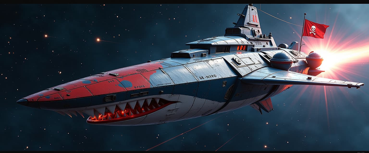 Shark is a fierce-looking space battleship with a sharp and streamlined appearance. The bow is like a shark's sharp teeth, covered with metal armor and skull patterns, covered with technical logos and signs of wear and tear. The edge of the red, white and blue paint job is faintly flickering with energy veins, and a bright red pirate flag is hung at the tail. It shuttles through the starry sea like a predator, with the background being the deep space full of stars, with dazzling energy portals or warp channels