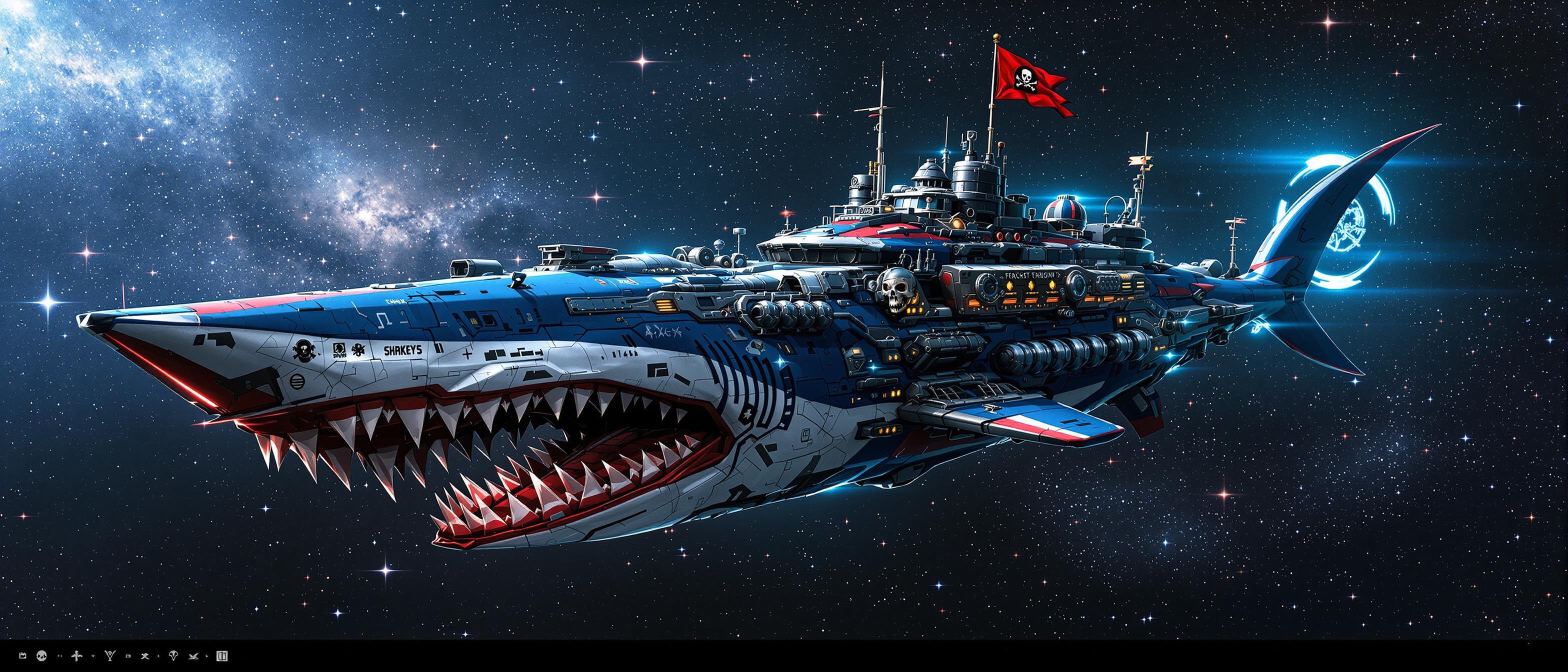 Shark is a fierce-looking steampunk futuristic space battleship with a sharp and streamlined appearance. The bow is like a shark's sharp teeth, covered with metal armor and skull patterns, covered with technical logos and signs of wear and tear. The edge of the red, white and blue paint job is faintly flickering with energy veins, and a bright red pirate flag is hung at the tail. It shuttles through the starry sea like a predator, with the background being the deep space full of stars, with dazzling energy portals or warp channels