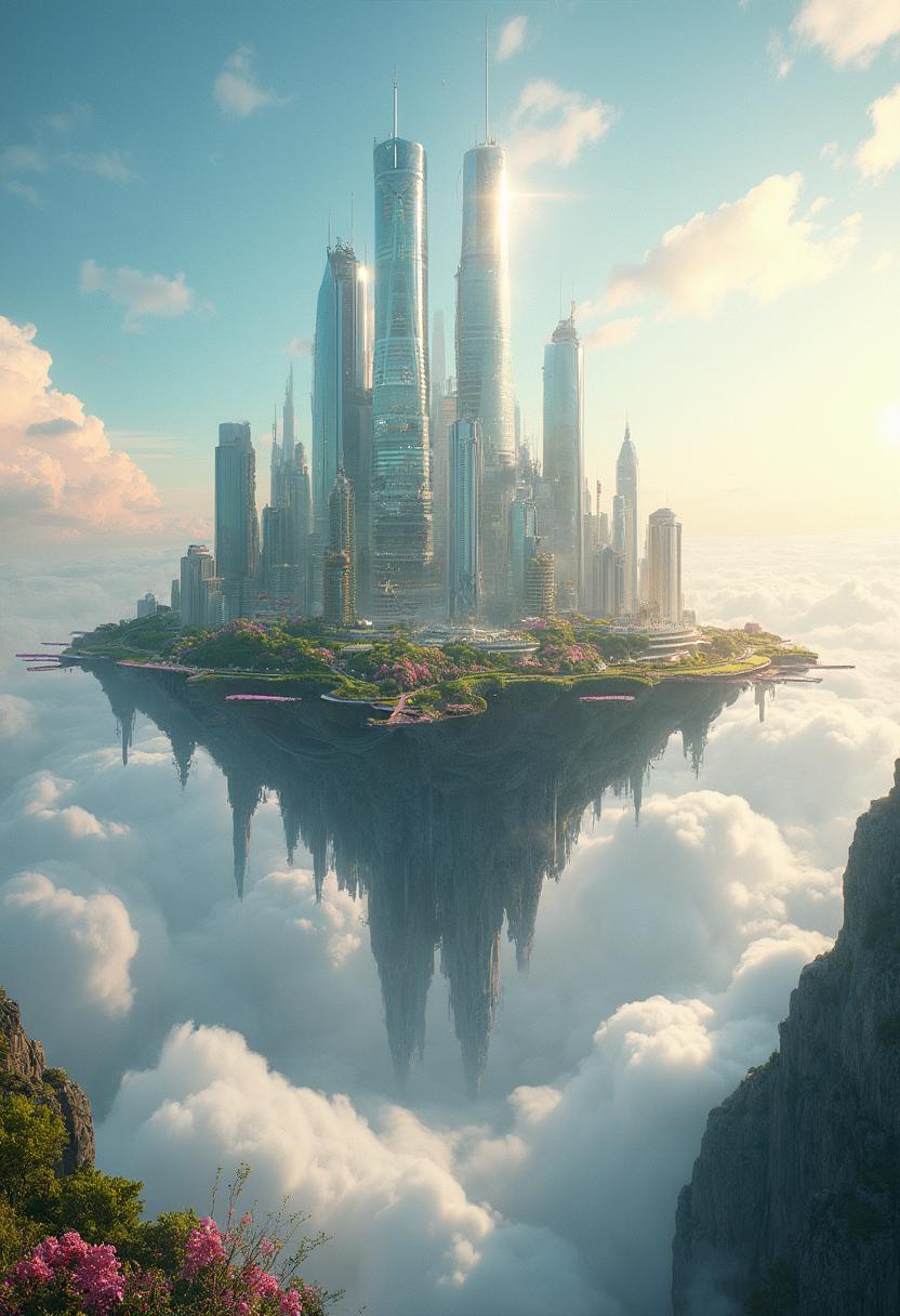 A surreal, floating, modern, high-tech city with skyscrapers, lush greenery, and vibrant flowers hovers amidst fluffy white clouds and an azure sky. Golden rays of sunlight pierce the sea of clouds, casting whimsical reflections upon the cityscape below. Render this scene in intricate, photorealistic detail.