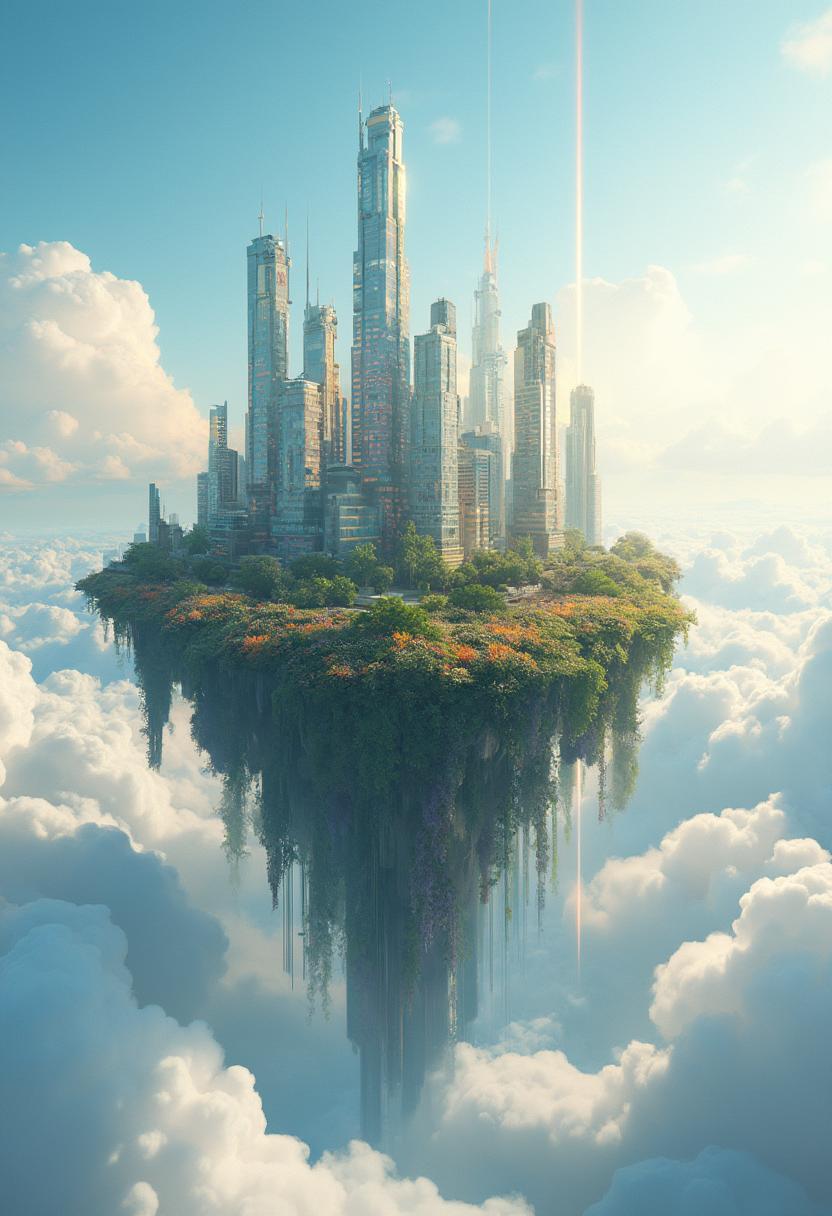 A 3D raised, surreal, floating, modern, high-tech city with skyscrapers, lush greenery, and vibrant flowers hovers amidst fluffy white clouds and an azure sky. Golden rays of sunlight pierce the sea of clouds, casting whimsical reflections upon the cityscape below. Render this scene in intricate, photorealistic detail.