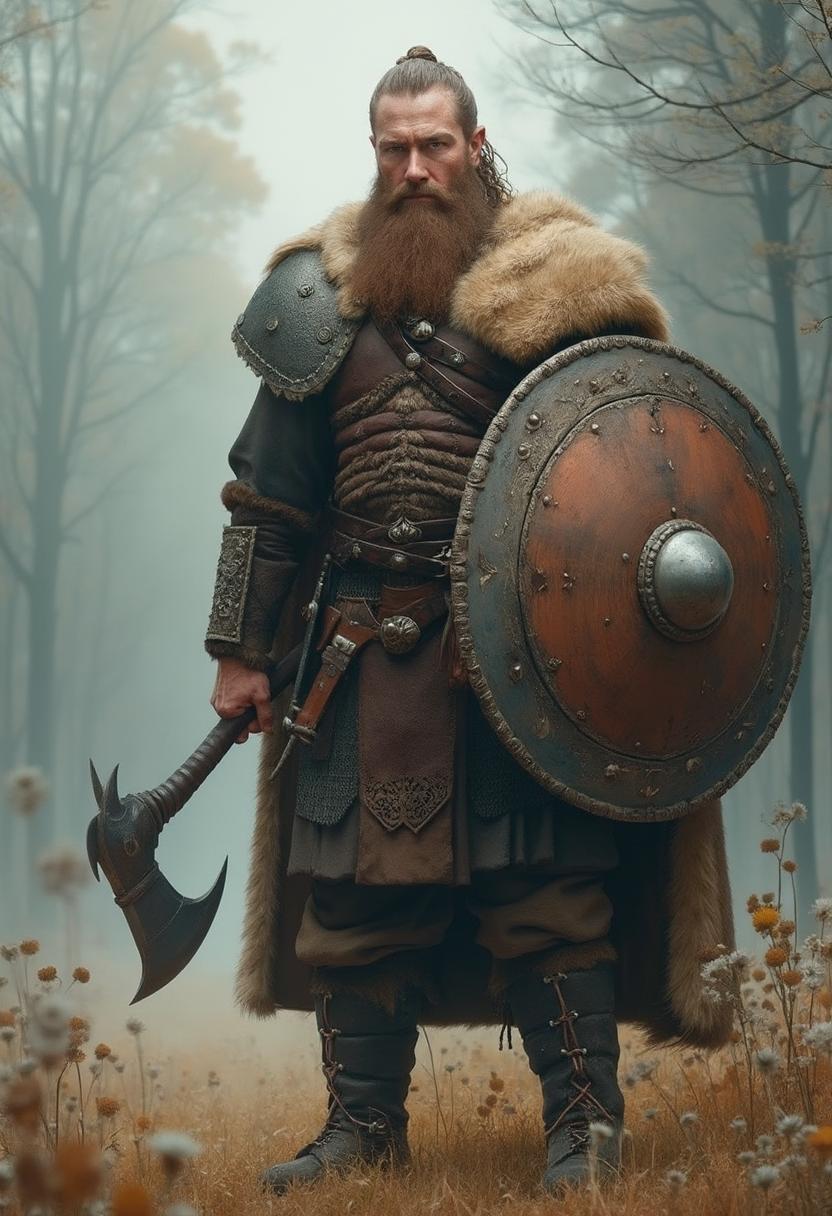 Create a photorealistic 3D hyper realistic ultra detailed painting of a viking standing with his traditional viking dress  ugg boots his shield in one hand his axe in the vibrant rich photography and light greys background